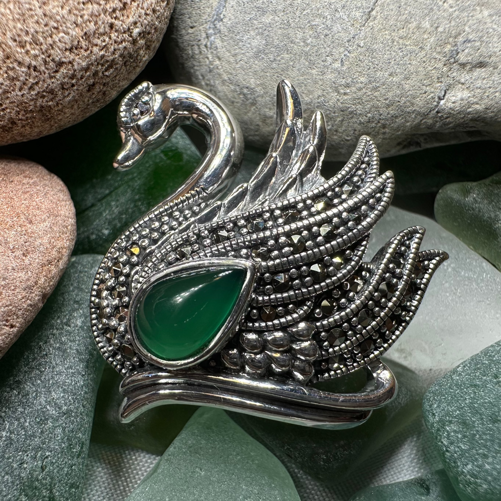 Eala Marcasite Swan Brooch in Sterling Silver