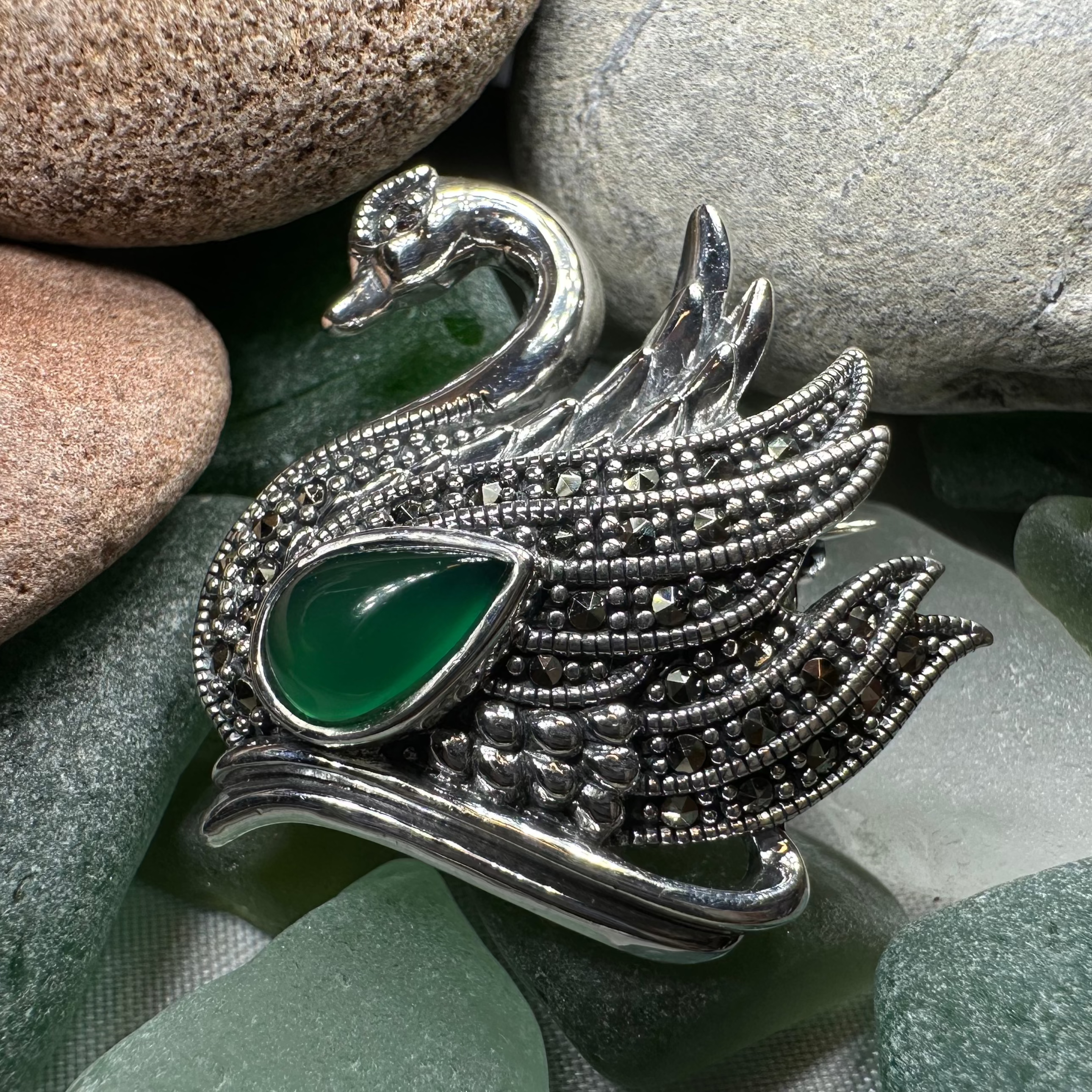 Eala Marcasite Swan Brooch in Sterling Silver