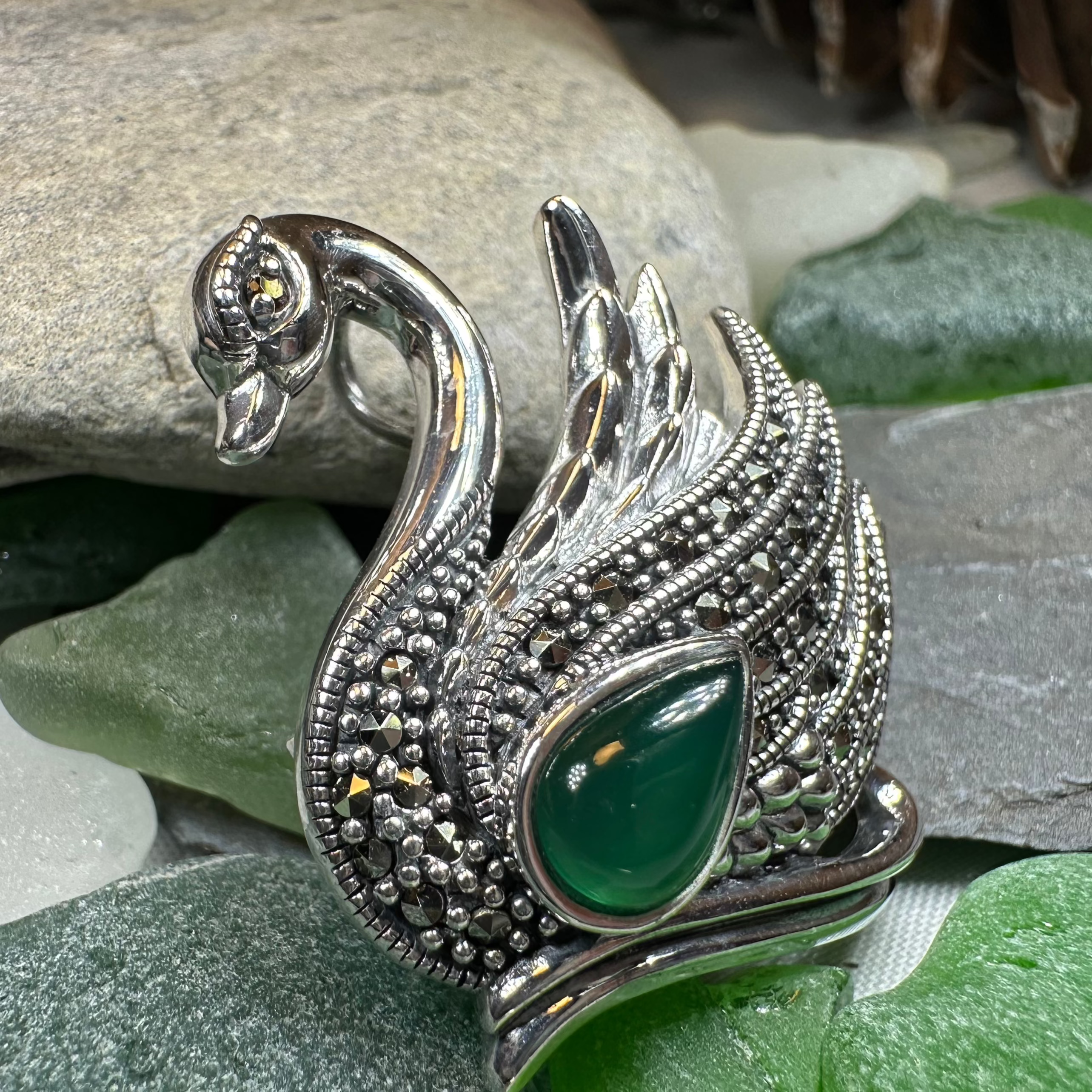 Eala Marcasite Swan Brooch in Sterling Silver