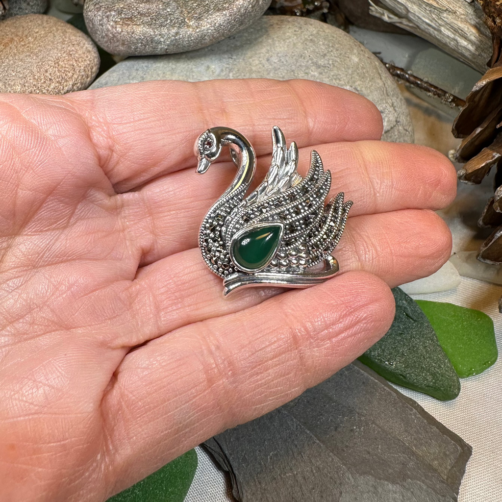 Eala Marcasite Swan Brooch in Sterling Silver