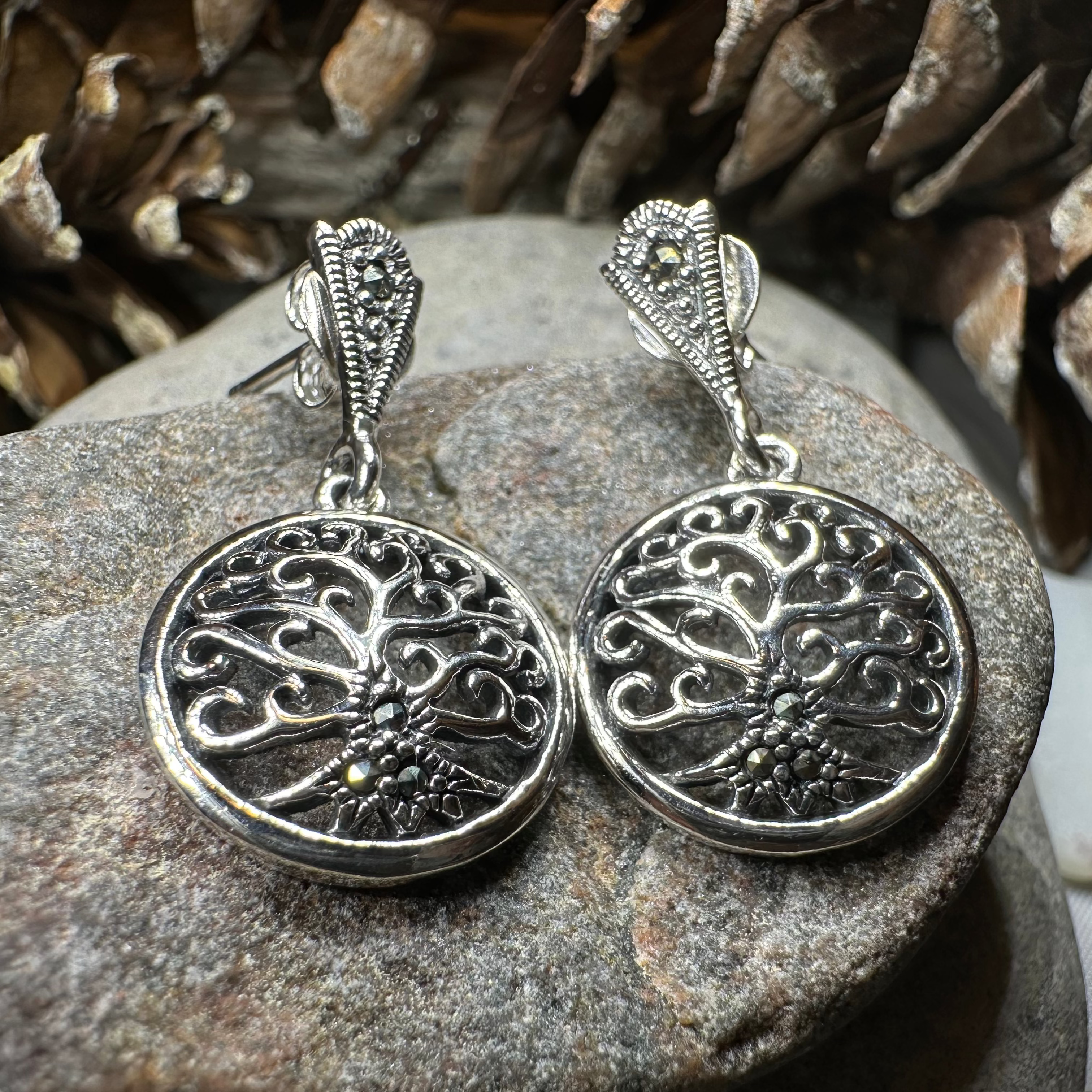 Marcasite Celtic Tree of Life Earrings in Sterling Silver