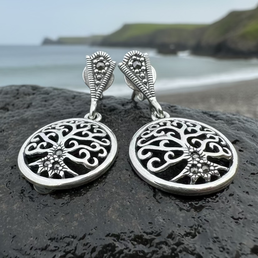 Marcasite Celtic Tree of Life Earrings in Sterling Silver