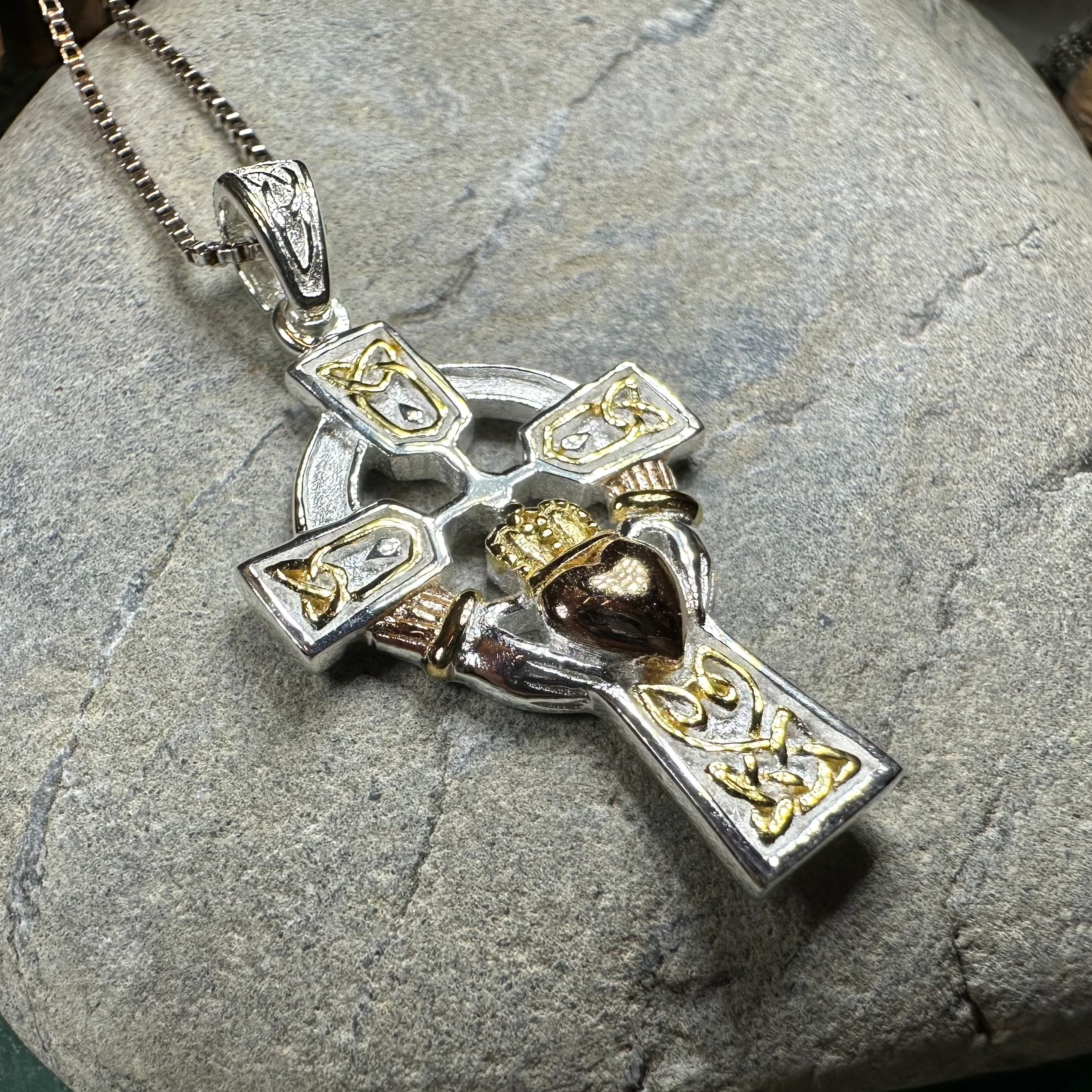 Tri-Color Irish Claddagh Cross Necklace