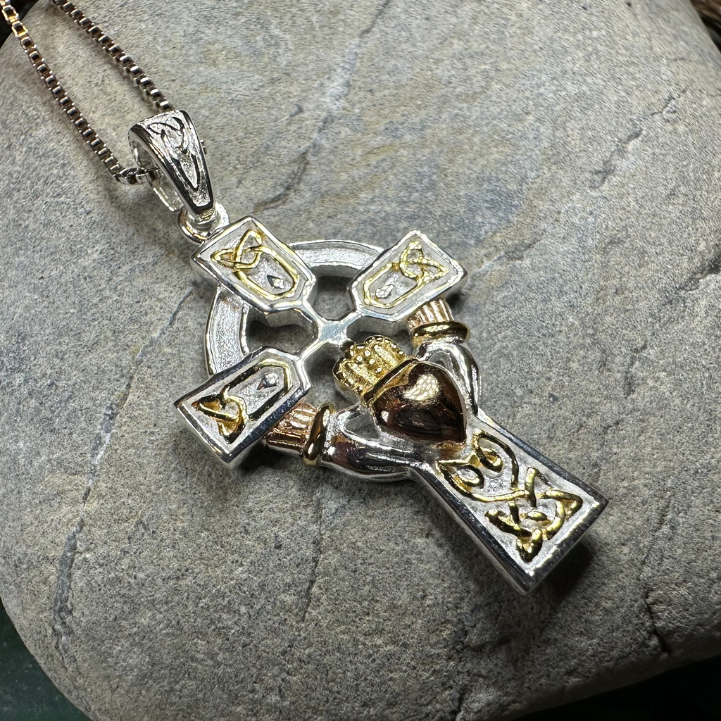 Tri-Color Irish Claddagh Cross Necklace