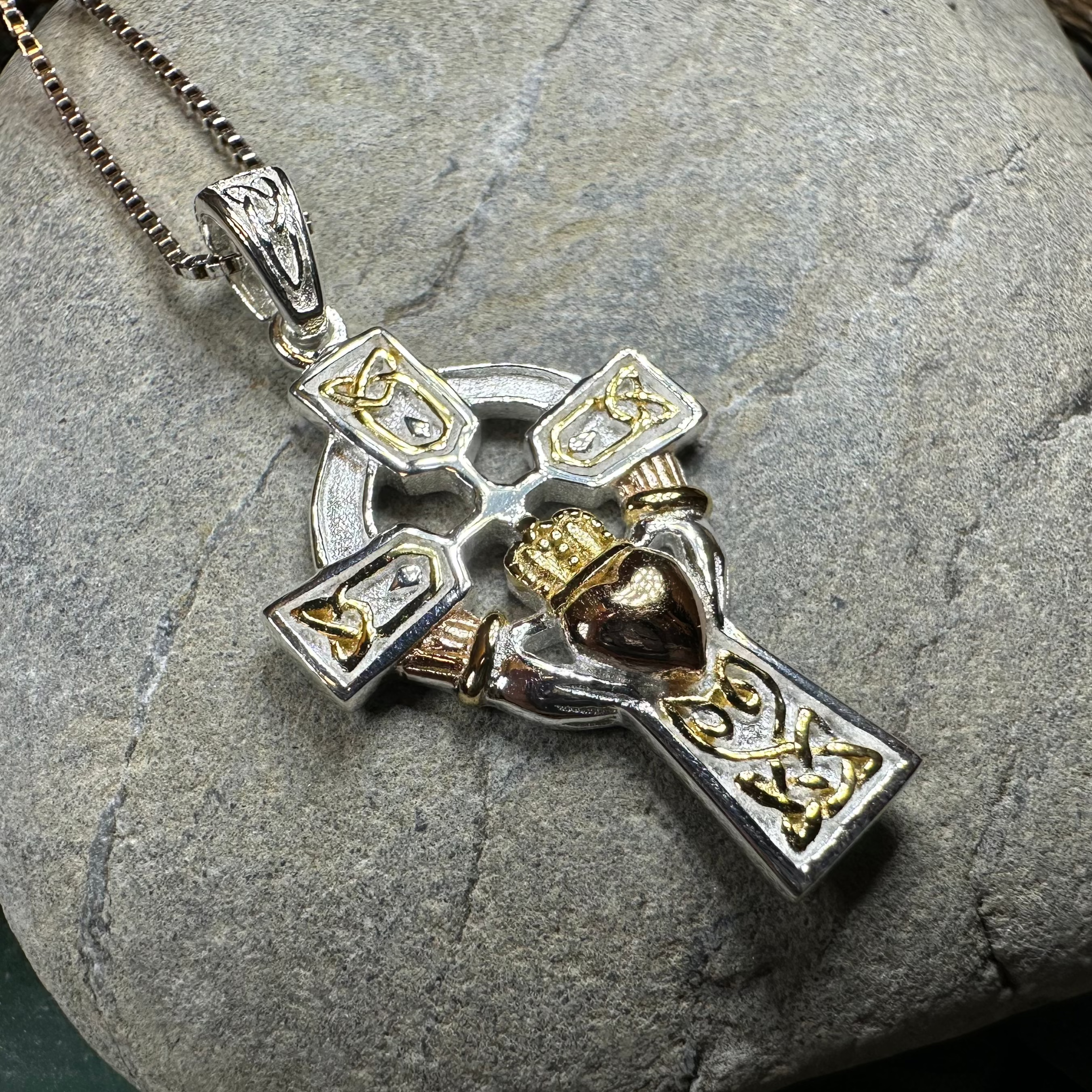 Tri-Color Irish Claddagh Cross Necklace