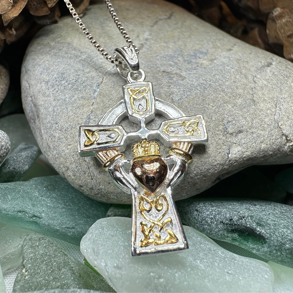Tri-Color Irish Claddagh Cross Necklace