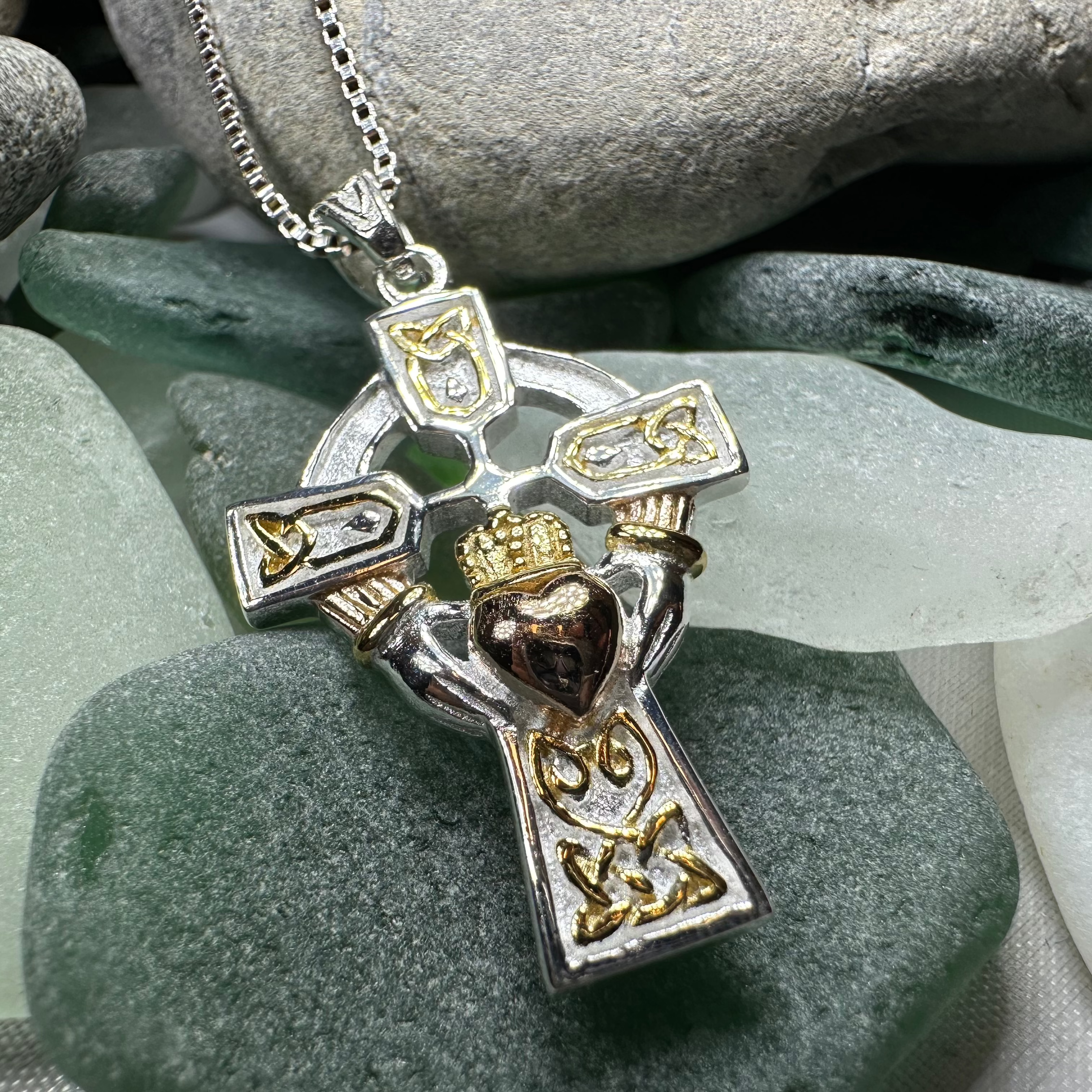 Tri-Color Irish Claddagh Cross Necklace