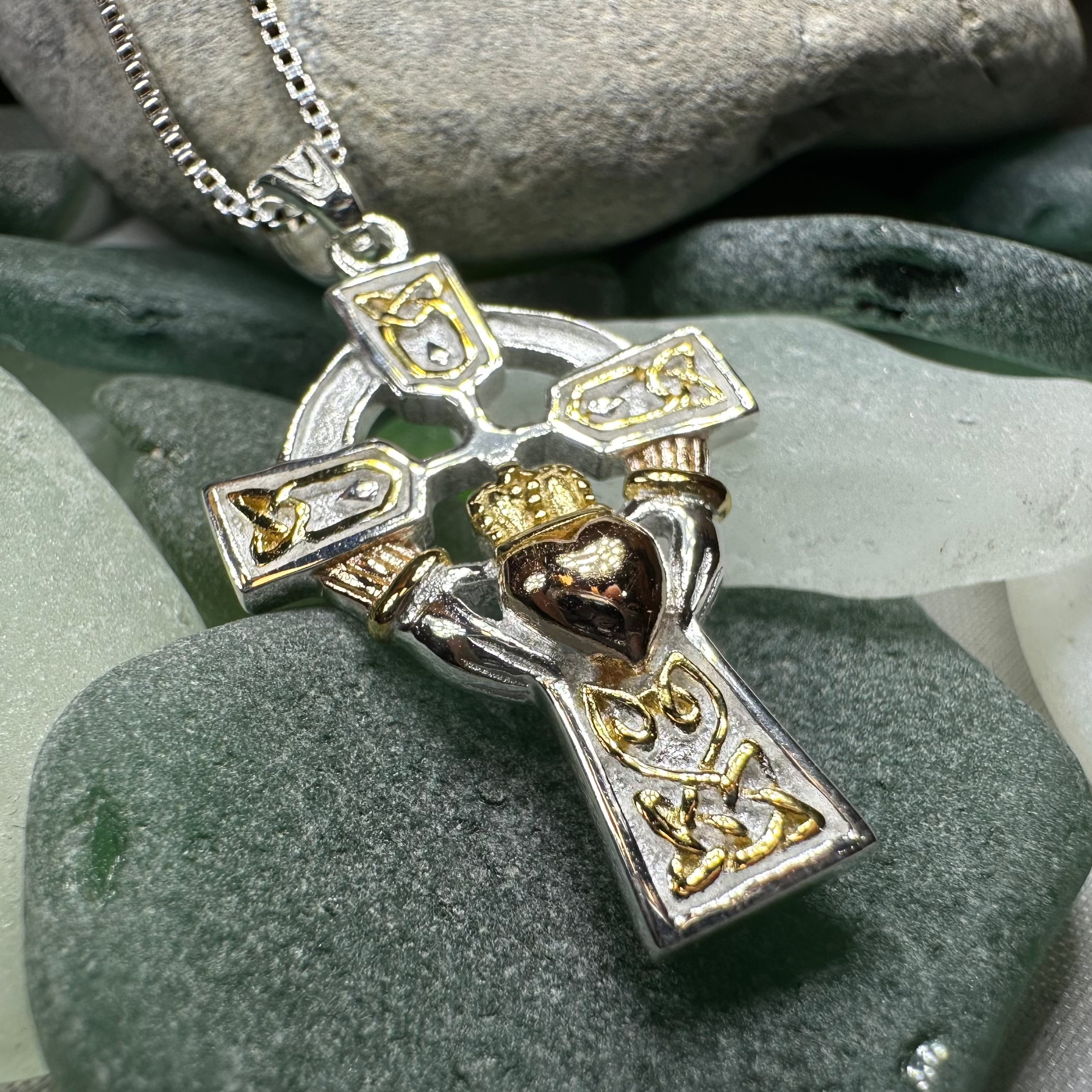 Tri-Color Irish Claddagh Cross Necklace