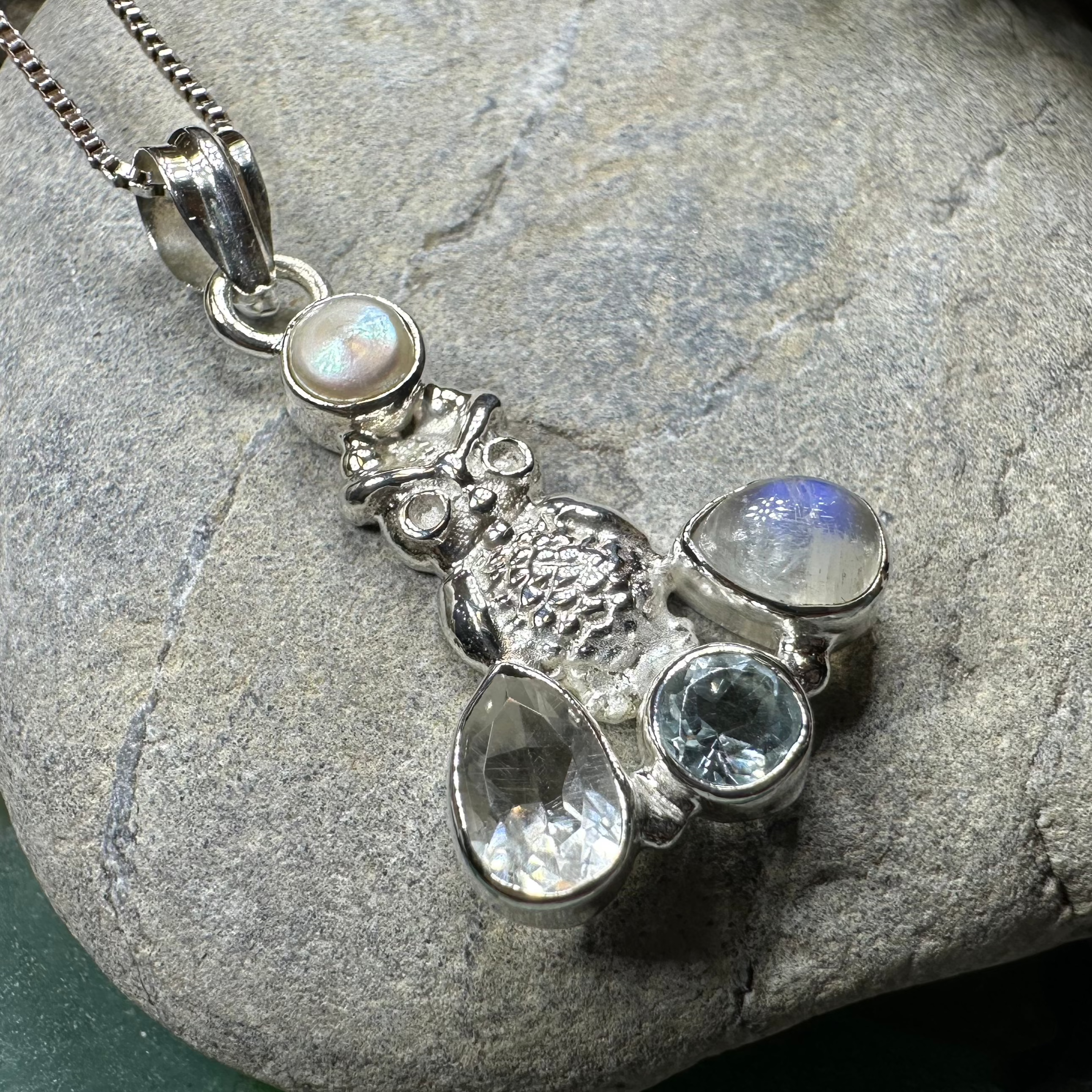 Misty Morning Moonstone Owl Necklace