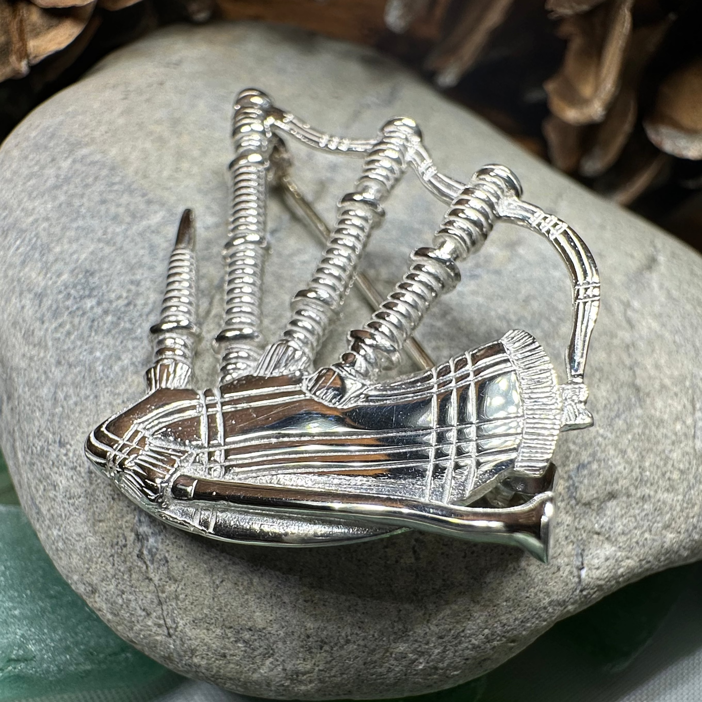 Scottish Bagpipes Sterling Silver Pin - Handmade in Scotland