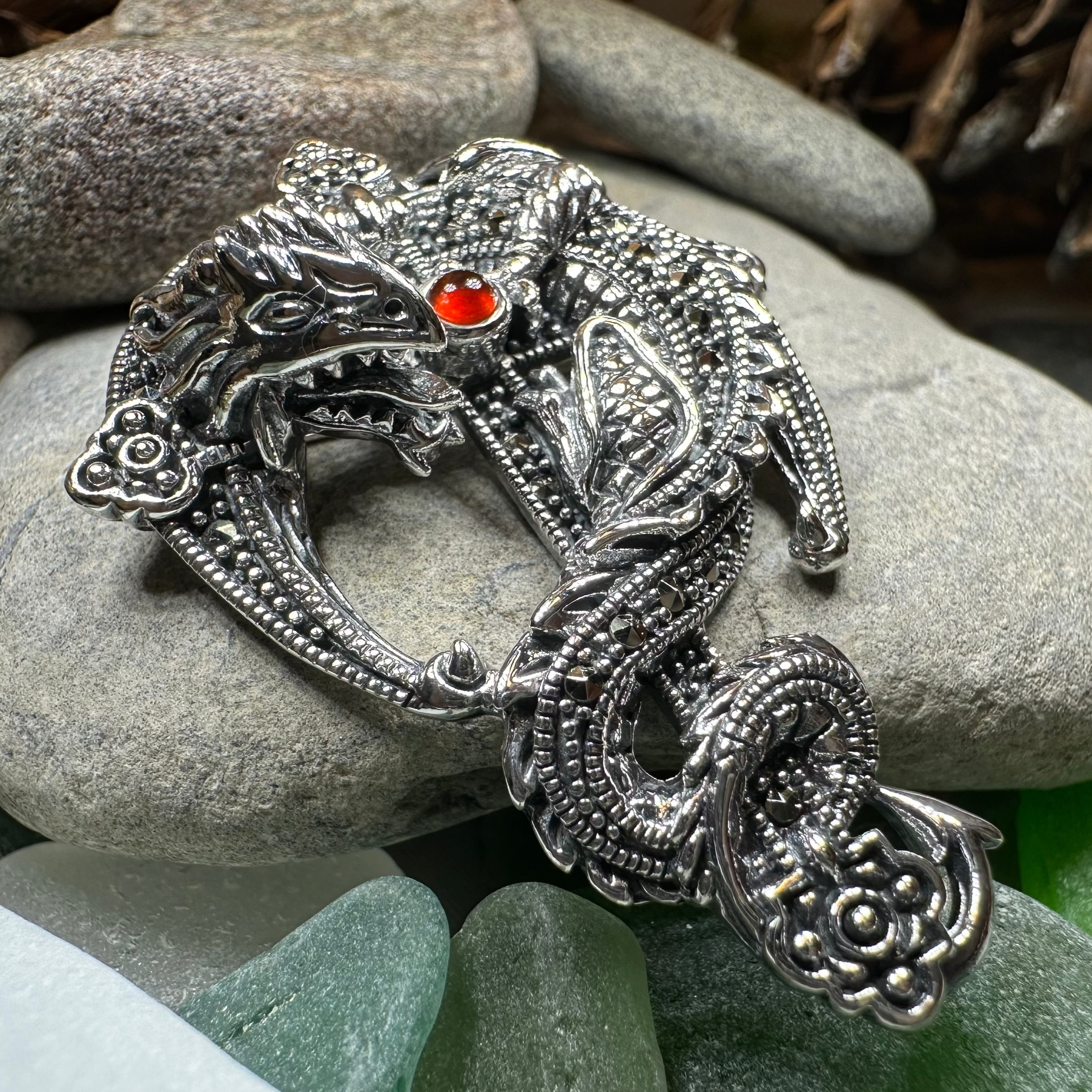 Zyrinx Marcasite Dragon Brooch in Sterling Silver