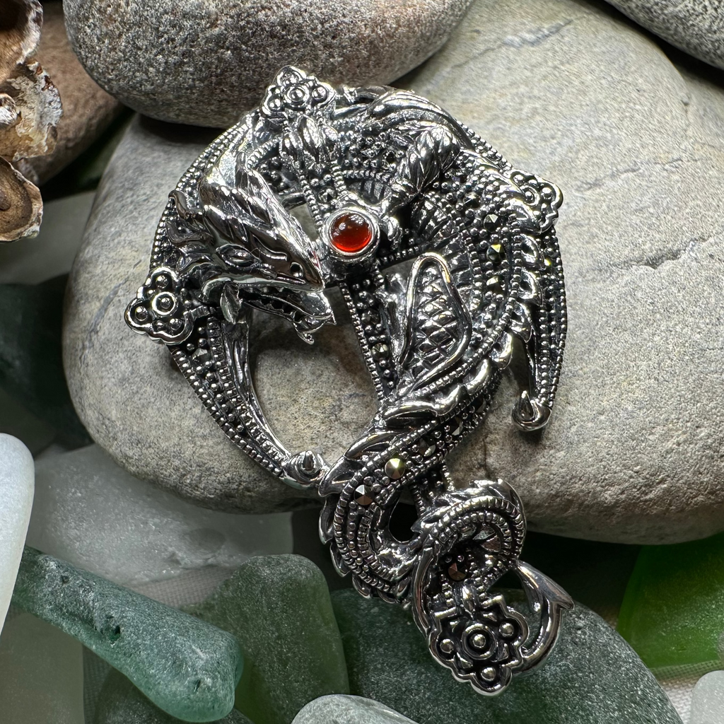 Zyrinx Marcasite Dragon Brooch in Sterling Silver
