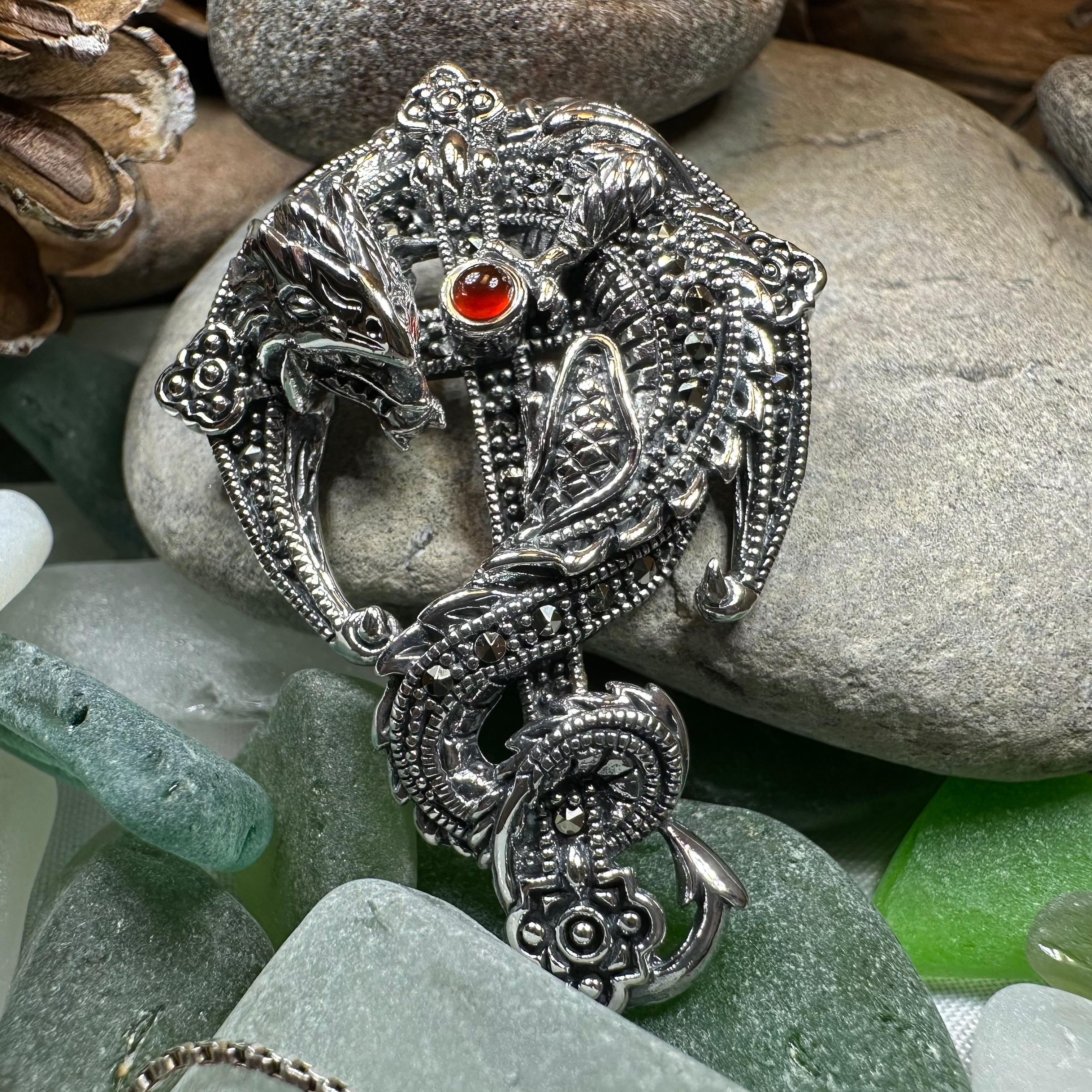 Zyrinx Marcasite Dragon Brooch in Sterling Silver