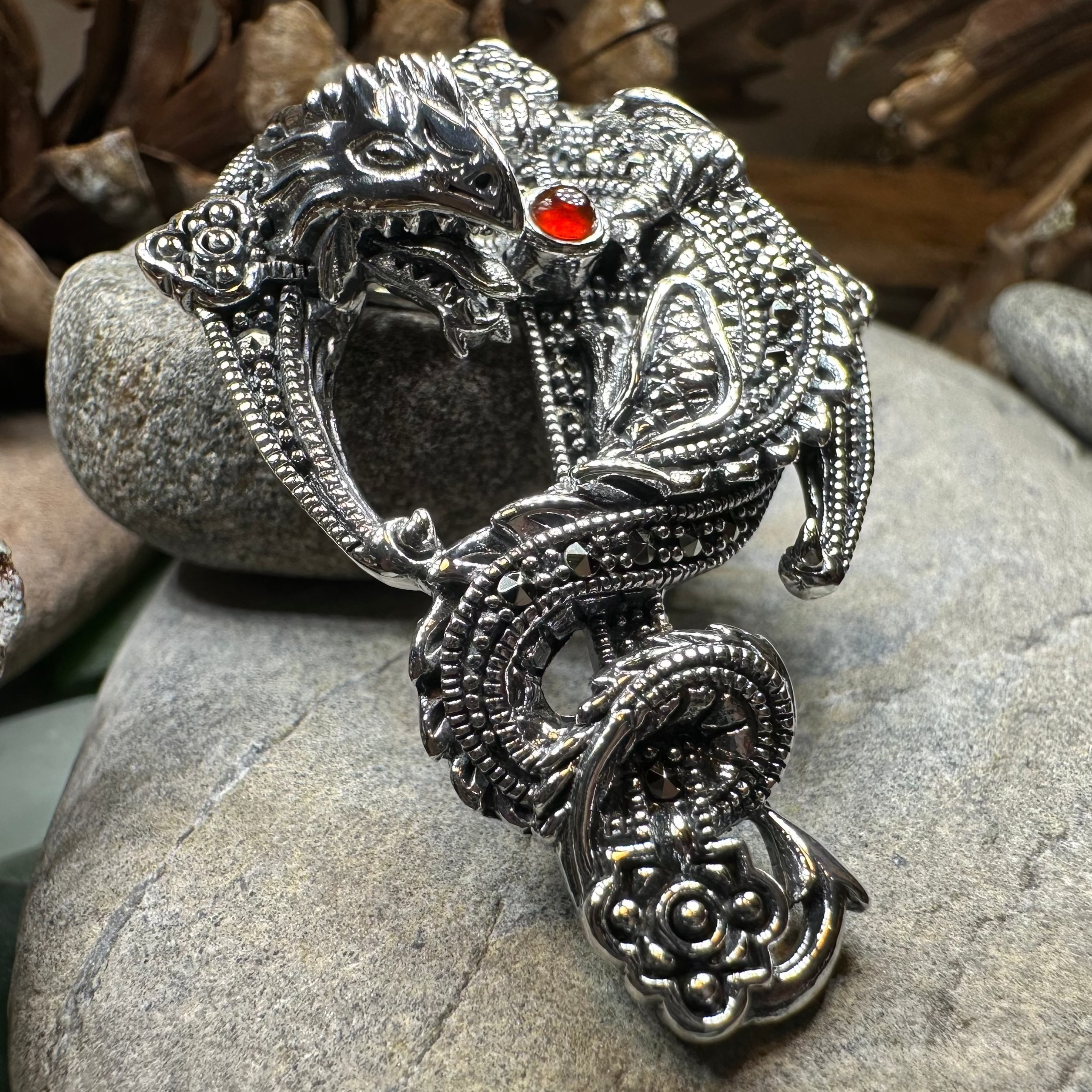 Zyrinx Marcasite Dragon Brooch in Sterling Silver