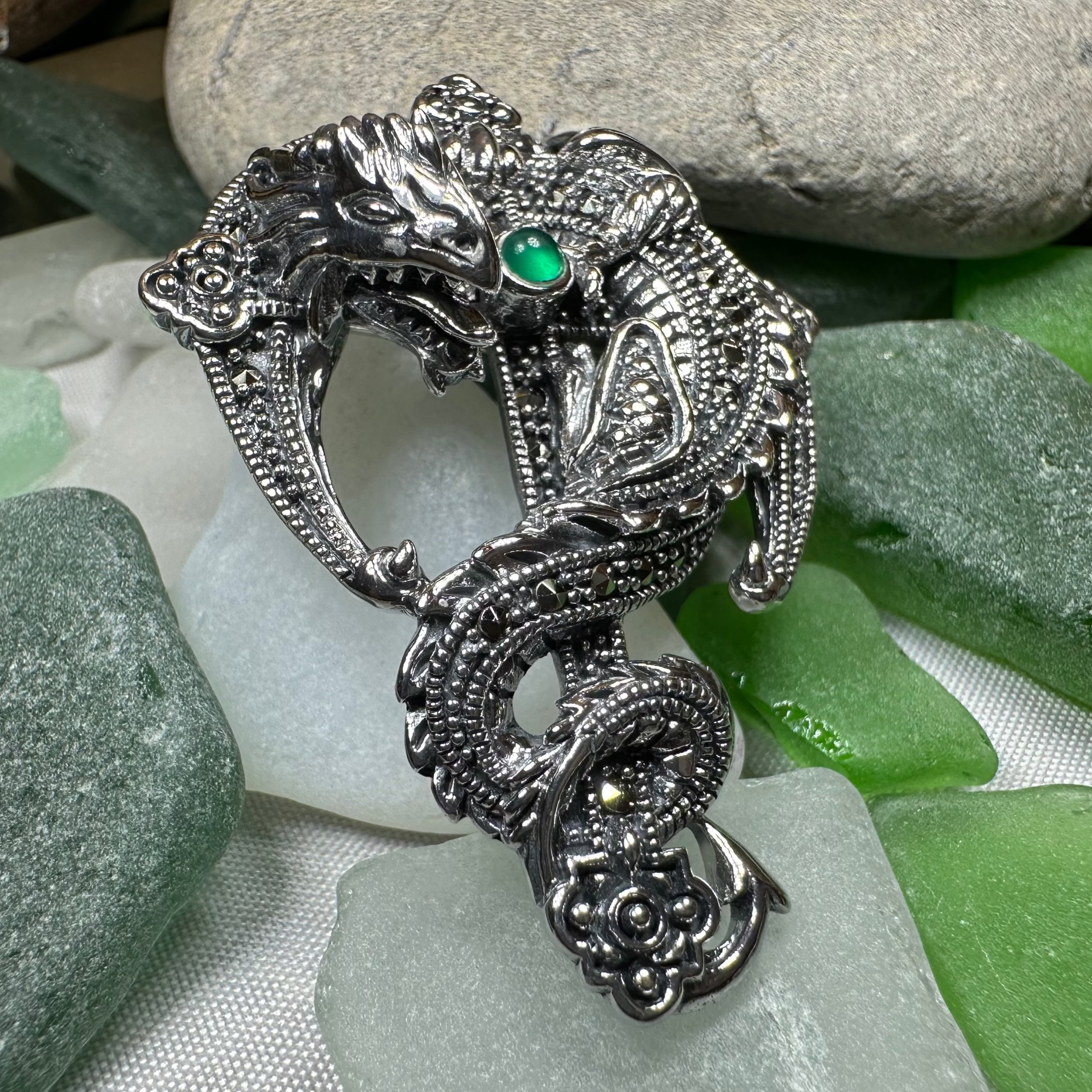 Zyrinx Marcasite Dragon Brooch in Sterling Silver
