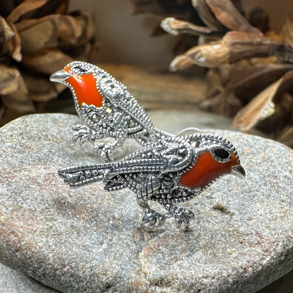 Redbreasted Robin Marcasite Earrings in Sterling Silver