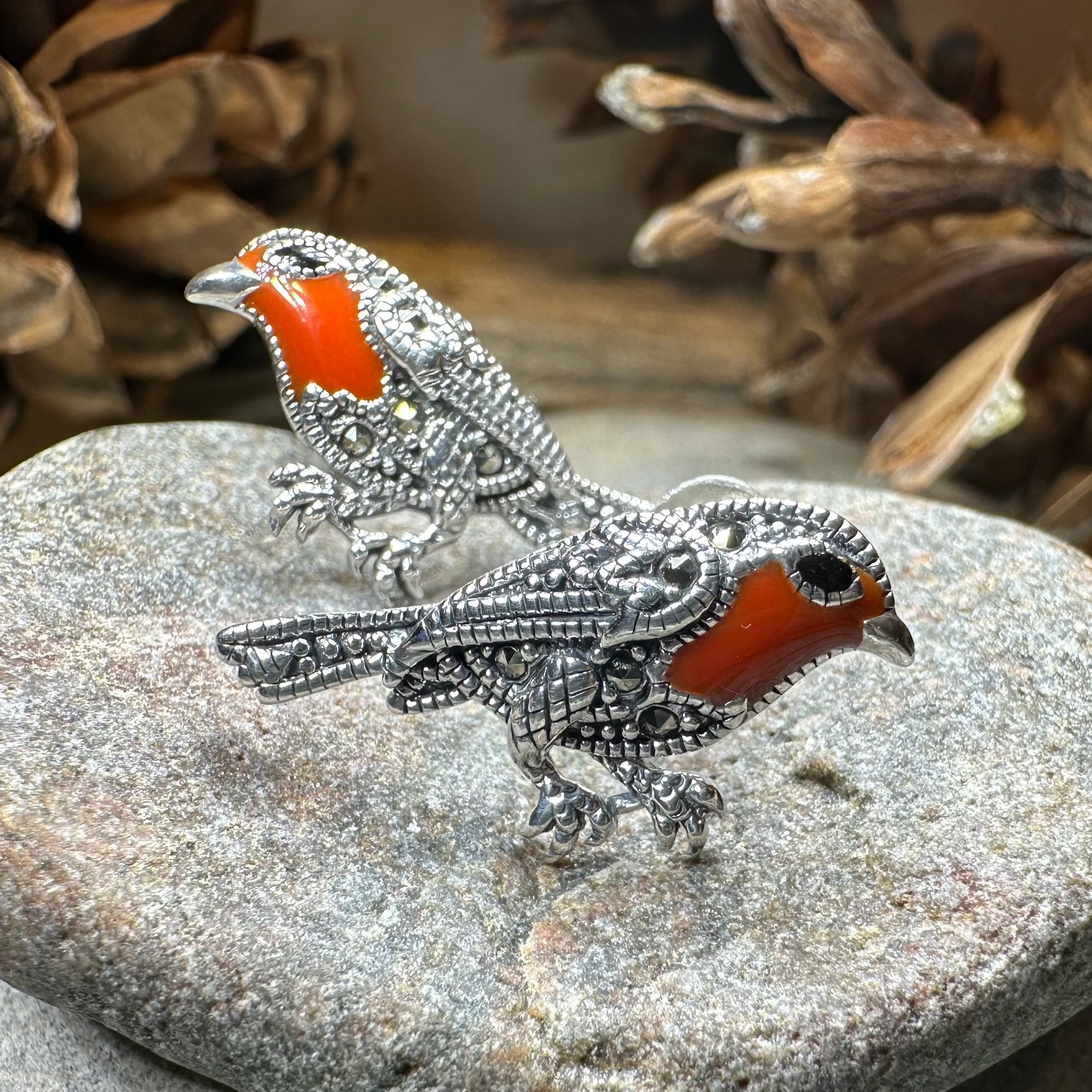 Redbreasted Robin Marcasite Earrings in Sterling Silver