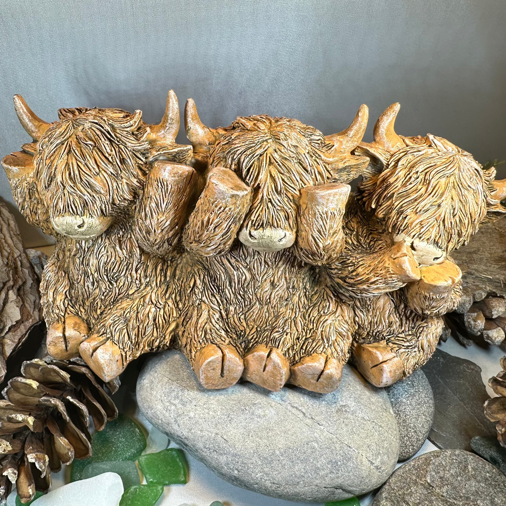 Three Wise Highland Cows Figurine