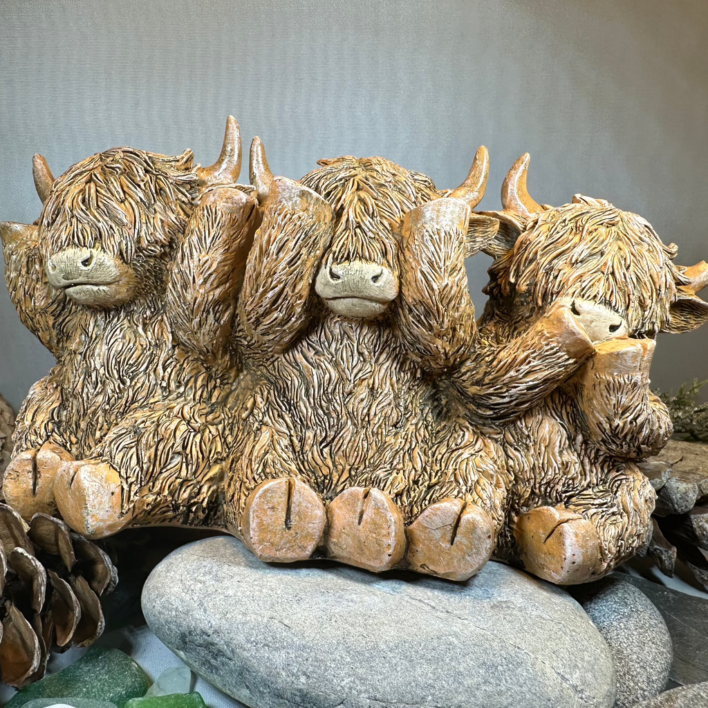 Three Wise Highland Cows Figurine