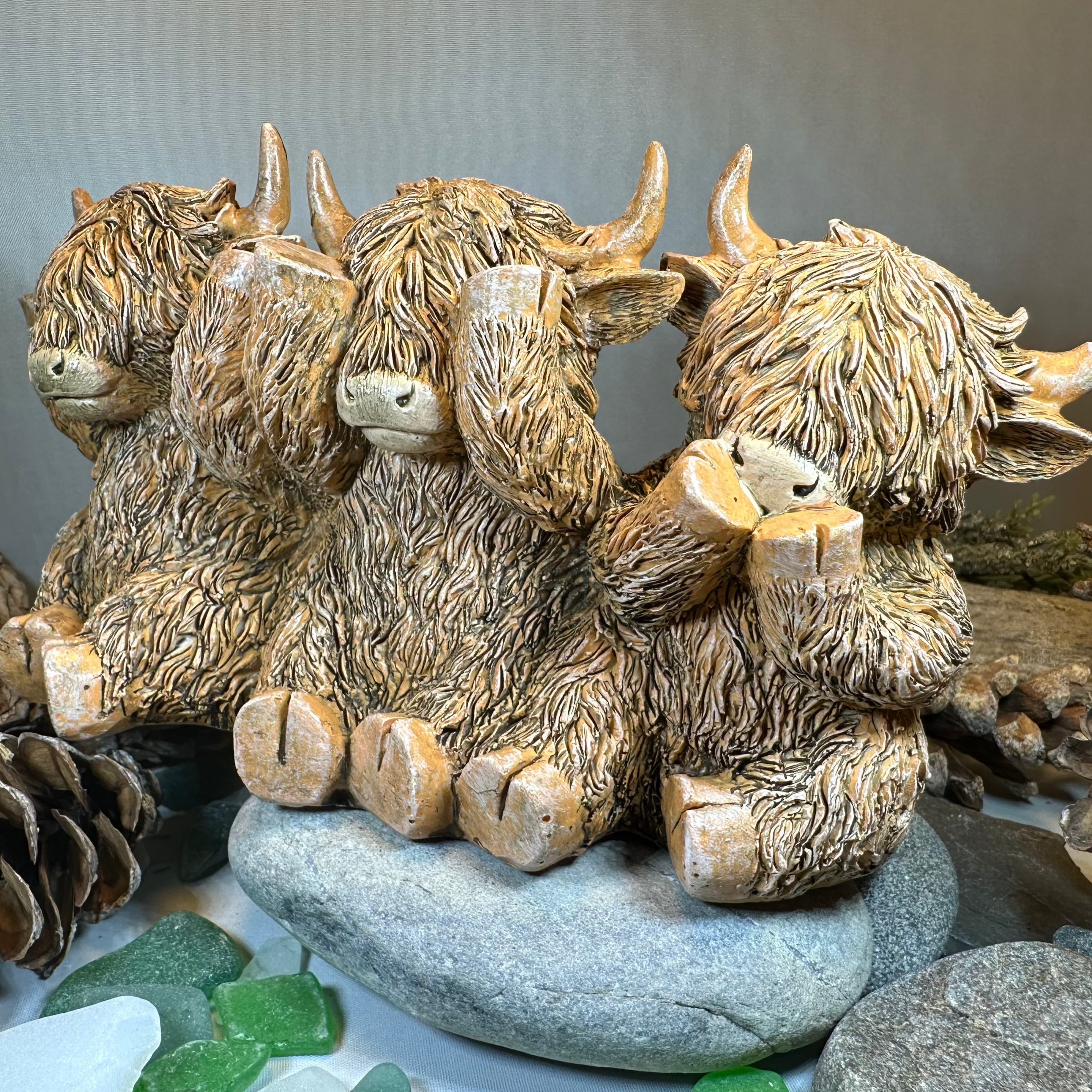 Three Wise Highland Cows Figurine