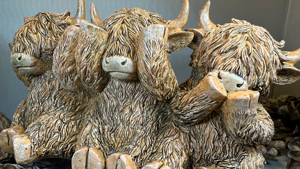 Three Wise Highland Cows Figurine