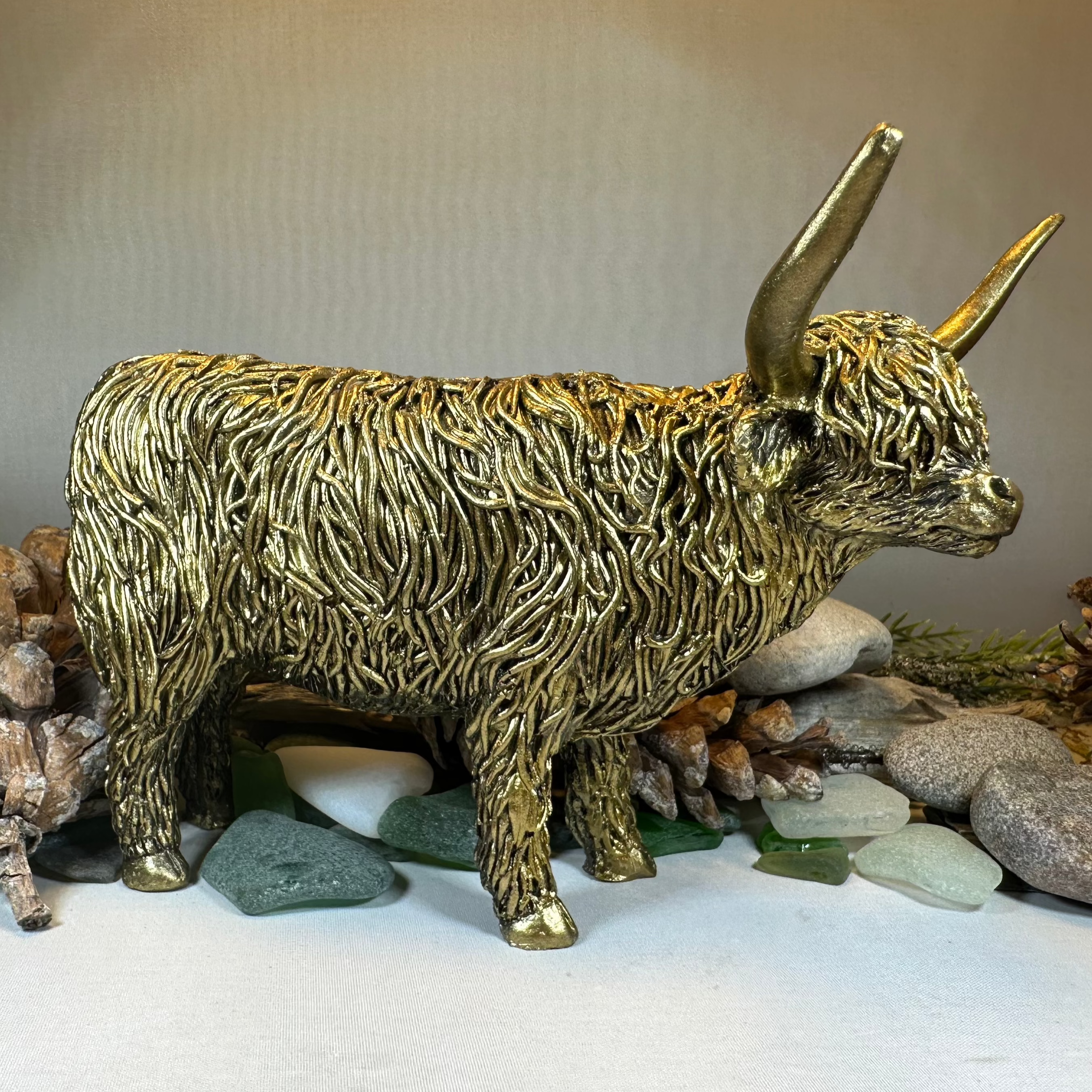 Large Golden Highland Cow Figurine