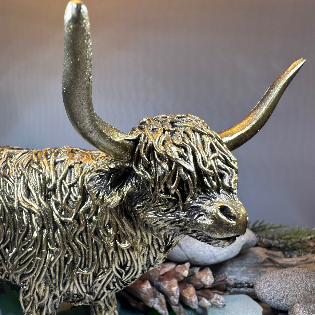 Large Golden Highland Cow Figurine