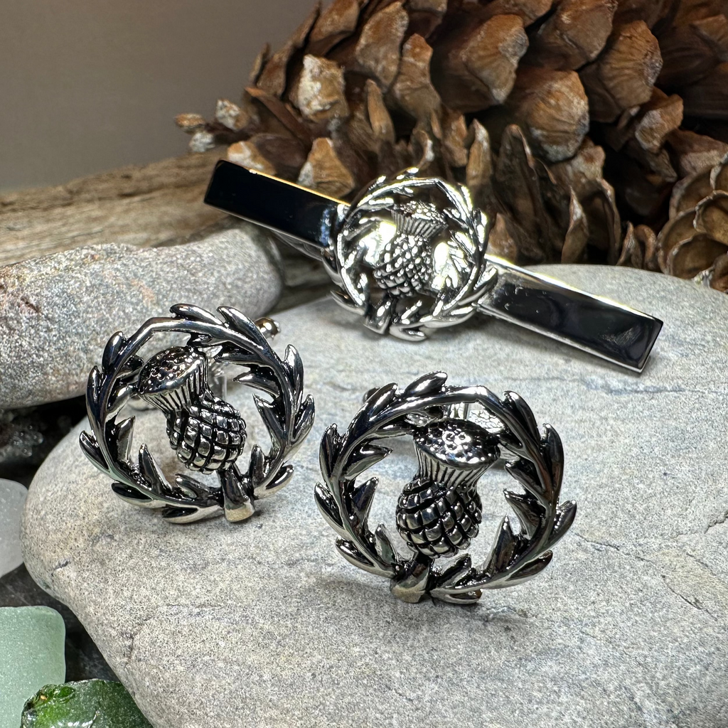 Classic Scottish Thistle Tie Bar & Cufflink Set