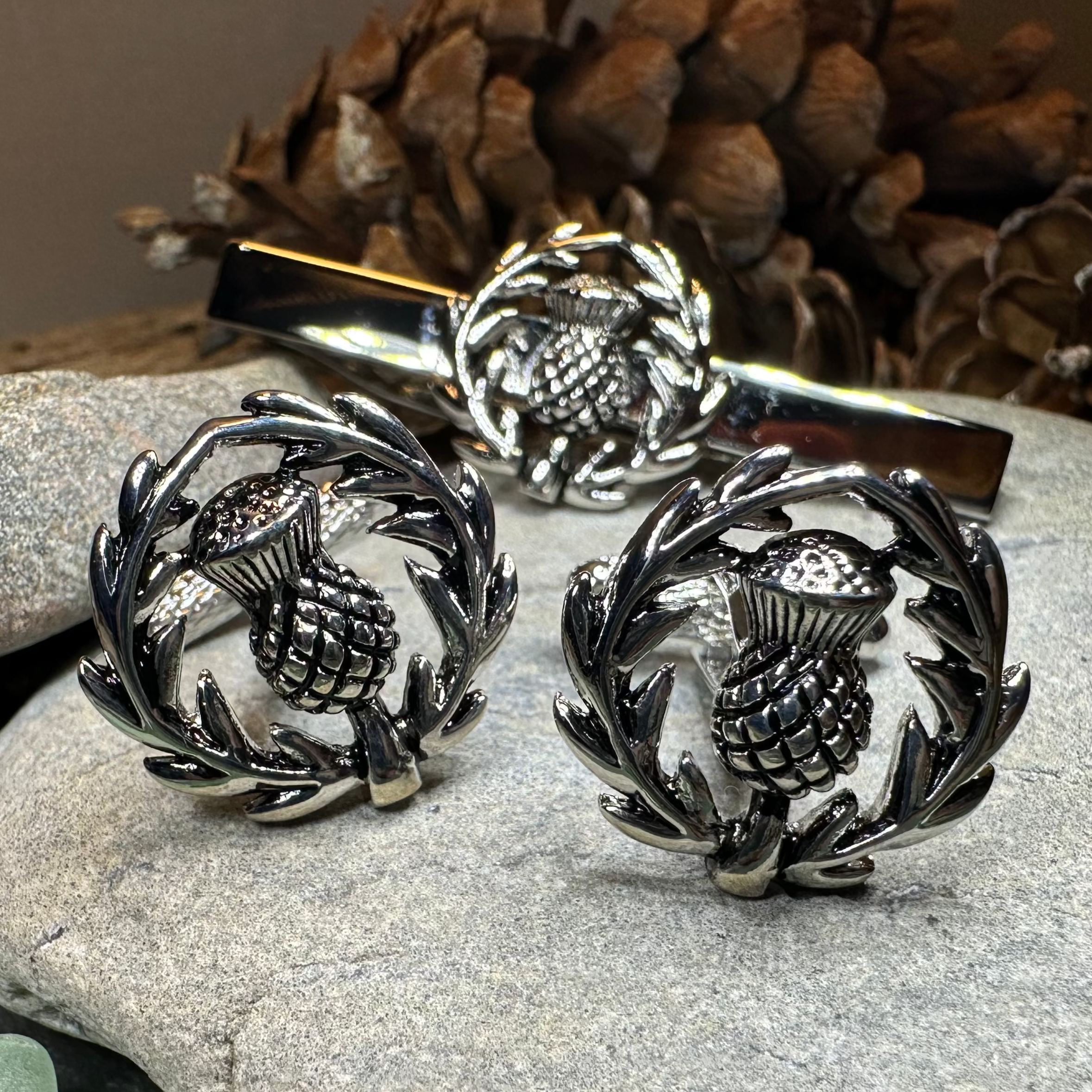 Classic Scottish Thistle Tie Bar & Cufflink Set