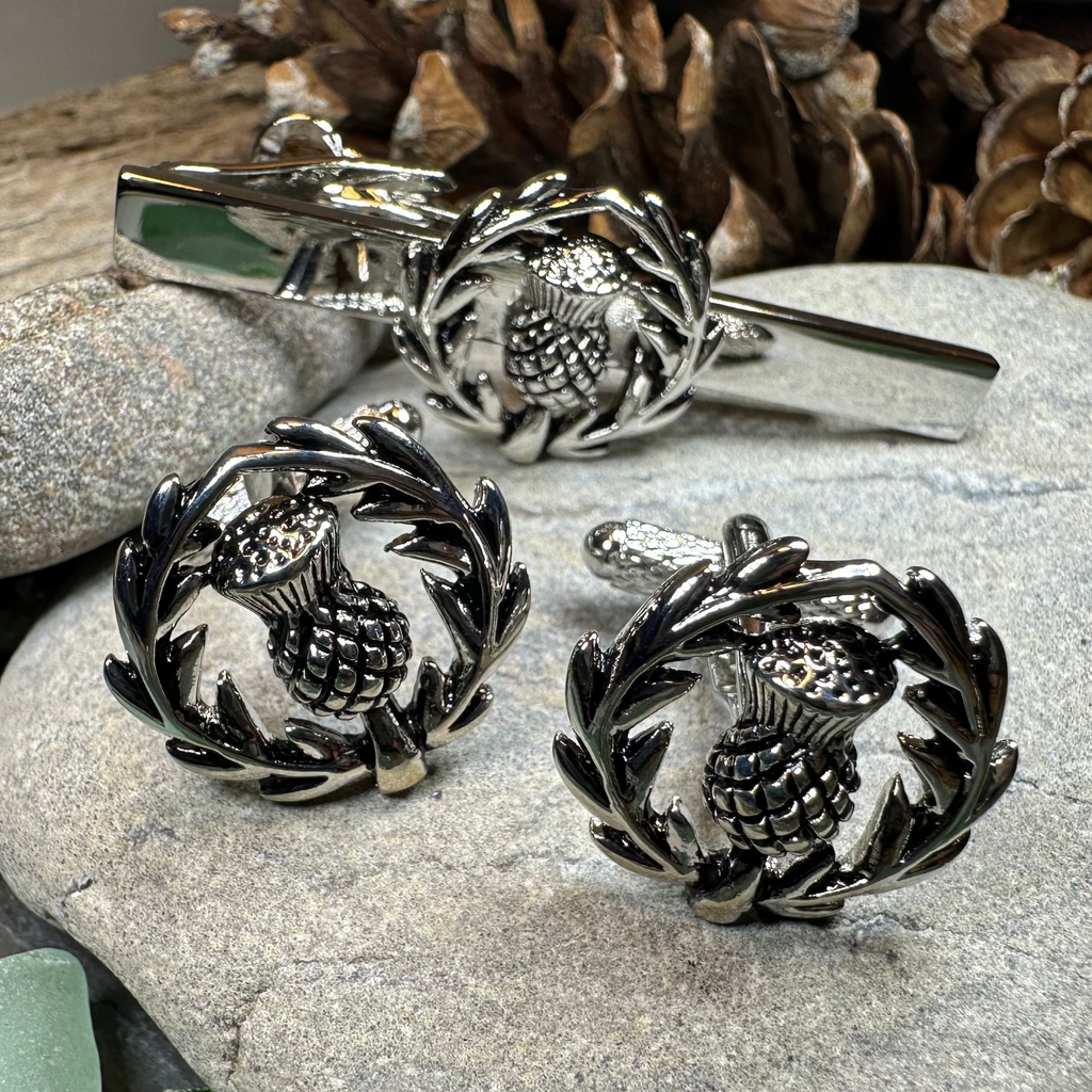 Classic Scottish Thistle Tie Bar & Cufflink Set
