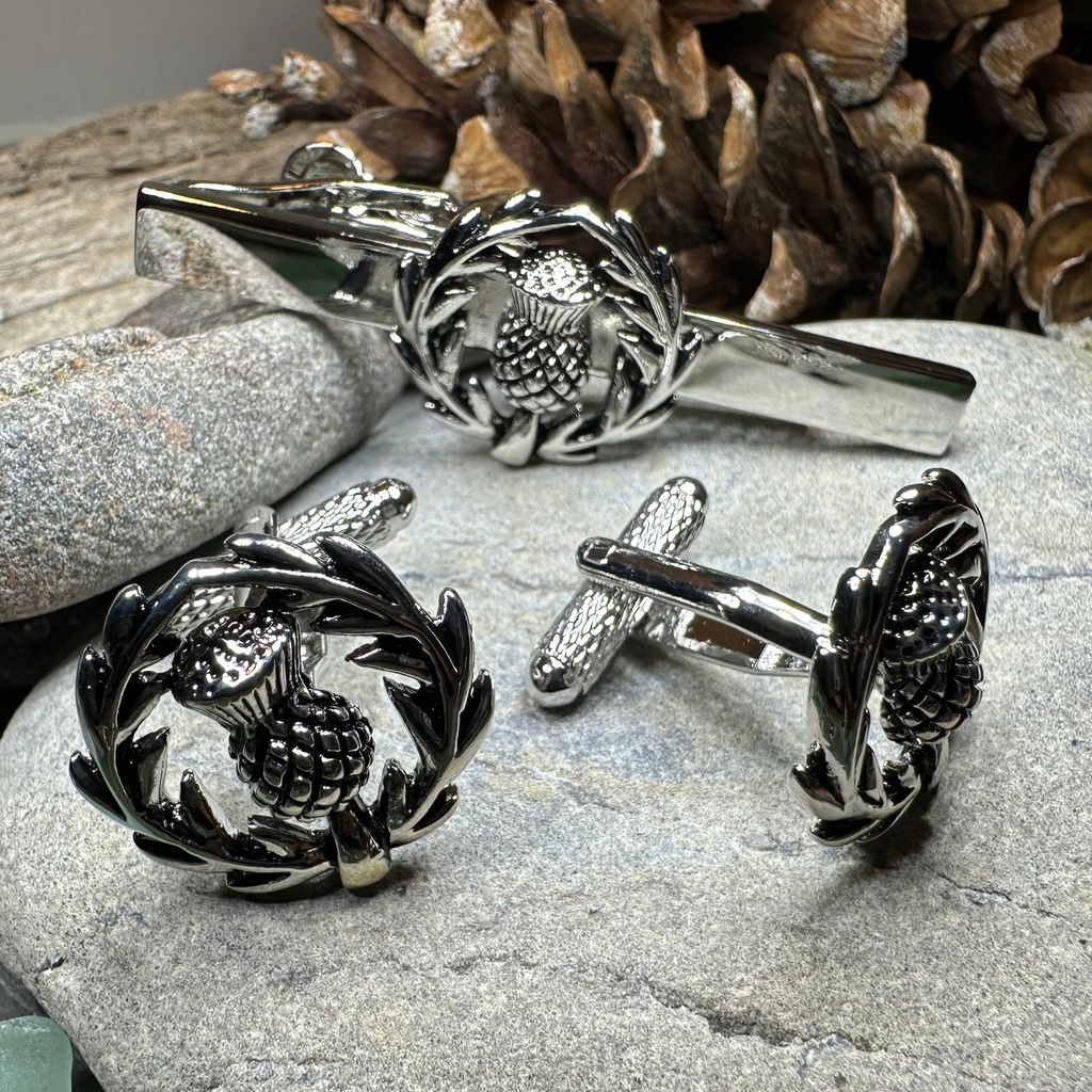 Classic Scottish Thistle Tie Bar & Cufflink Set