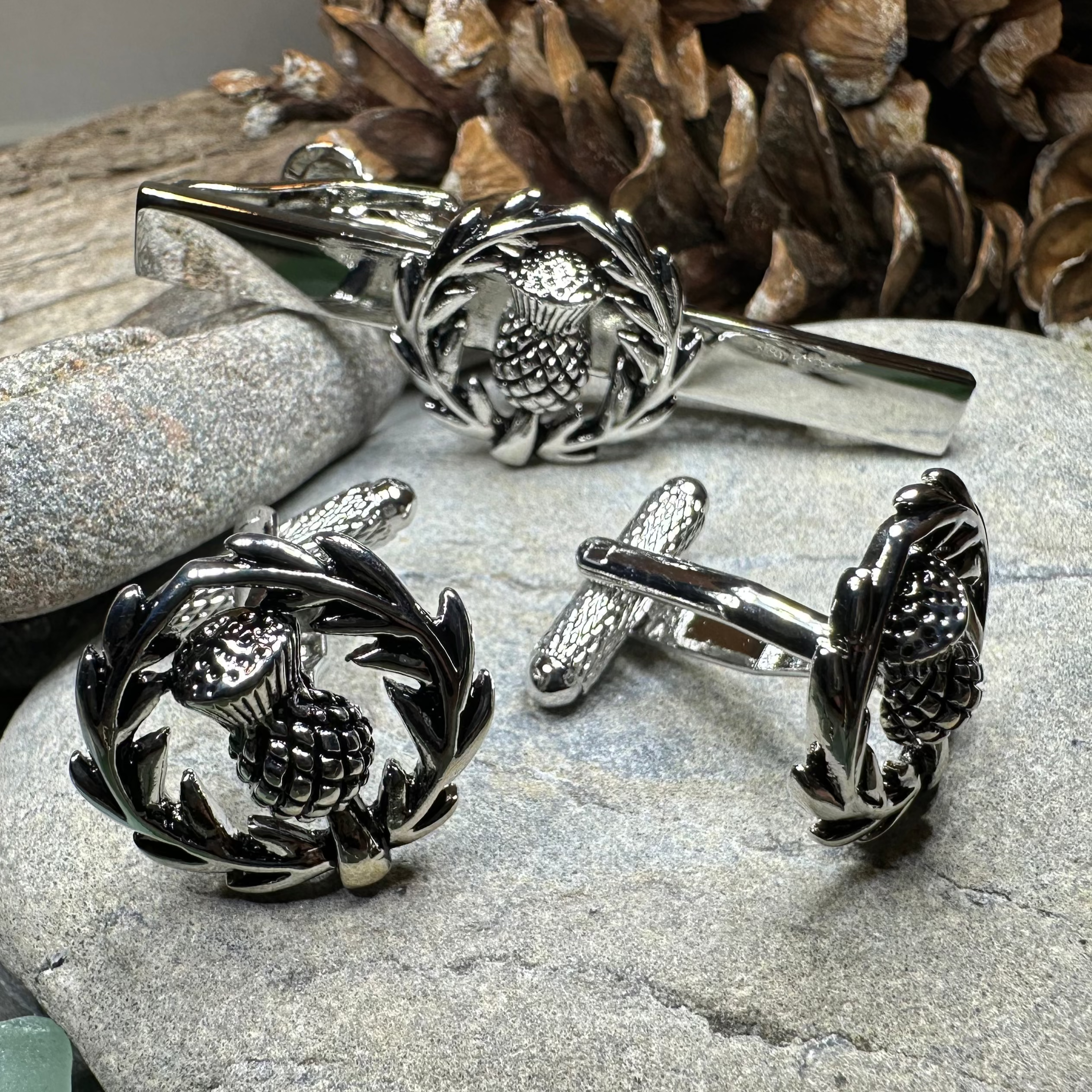 Classic Scottish Thistle Tie Bar & Cufflink Set
