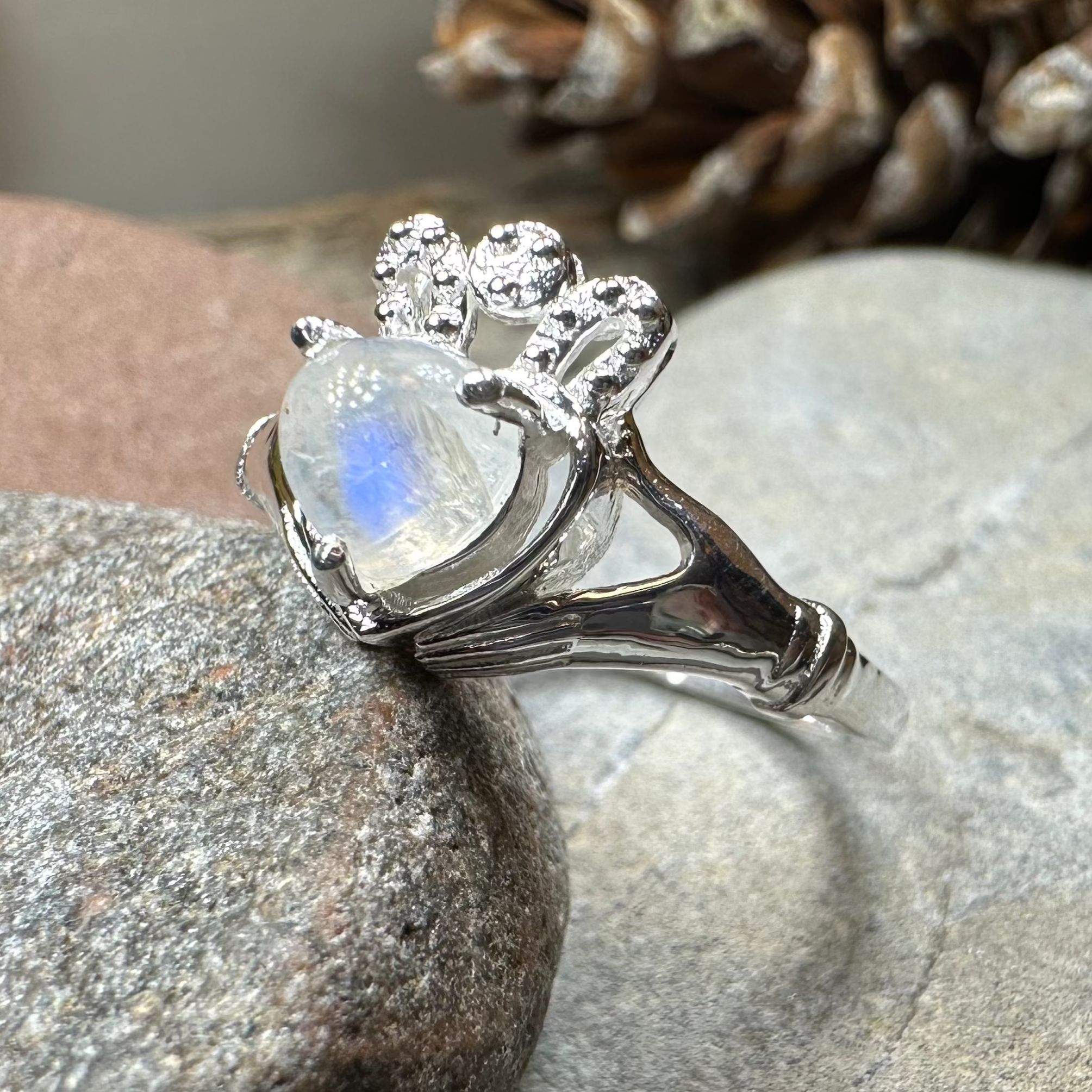 Cherish Moonstone Claddagh Ring in Sterling Silver