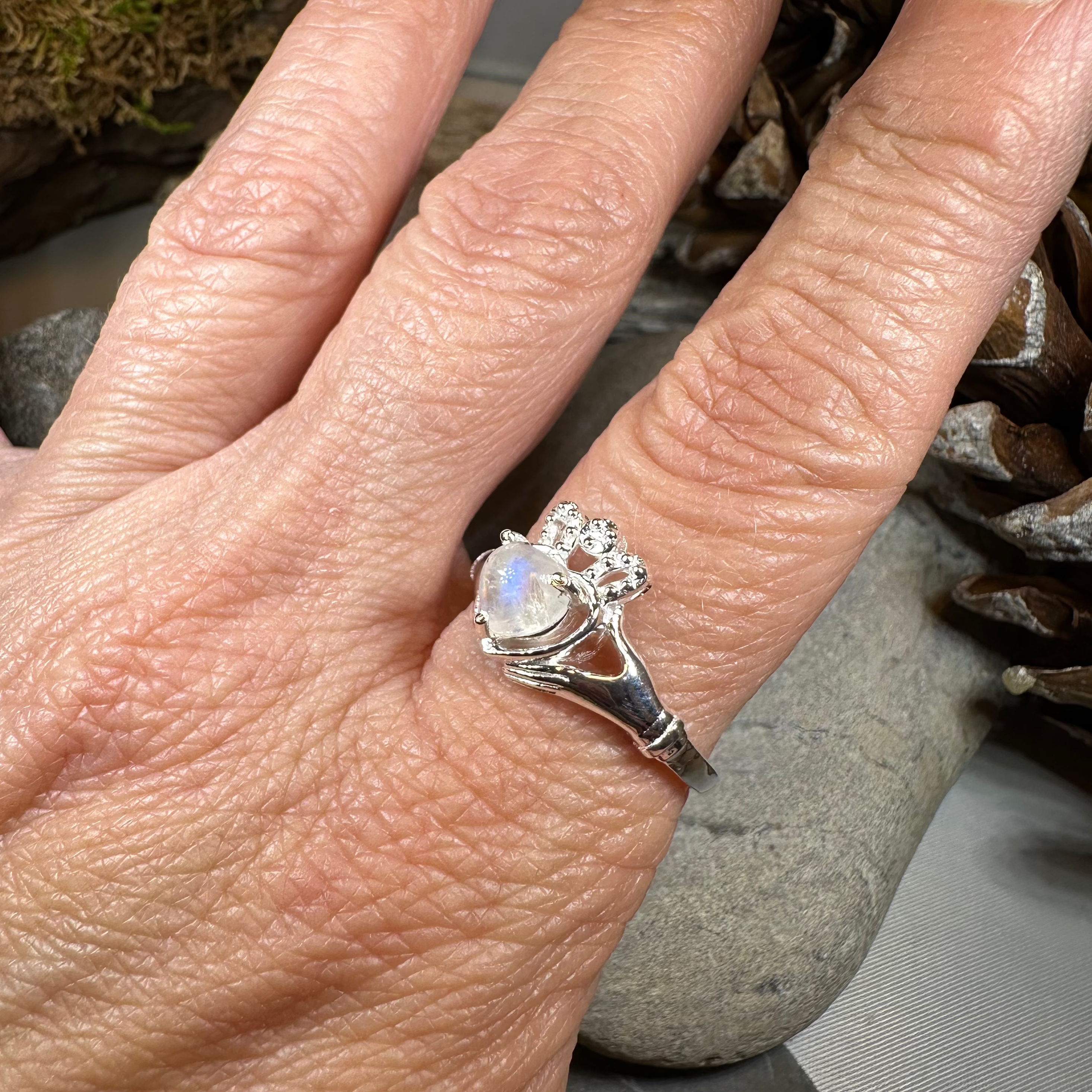 Cherish Moonstone Claddagh Ring in Sterling Silver