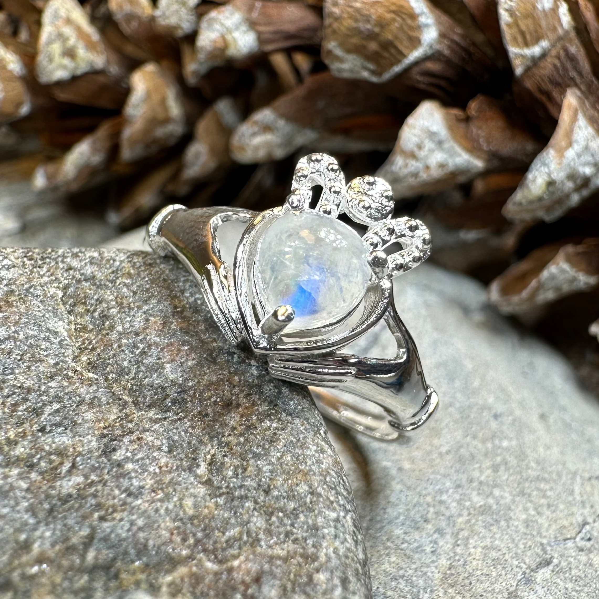 Cherish Moonstone Claddagh Ring in Sterling Silver