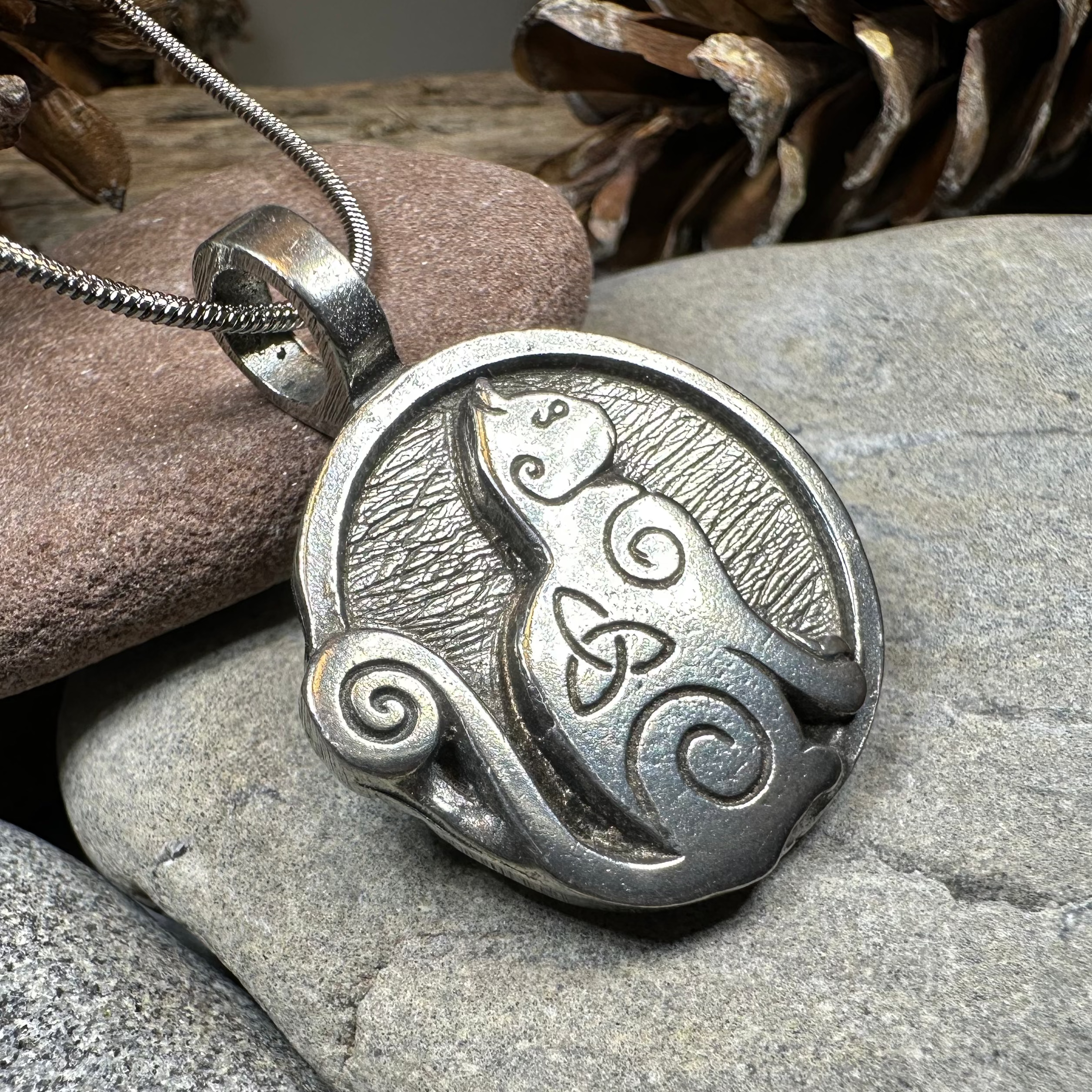 Celtic Spiral Cat Pewter Necklace