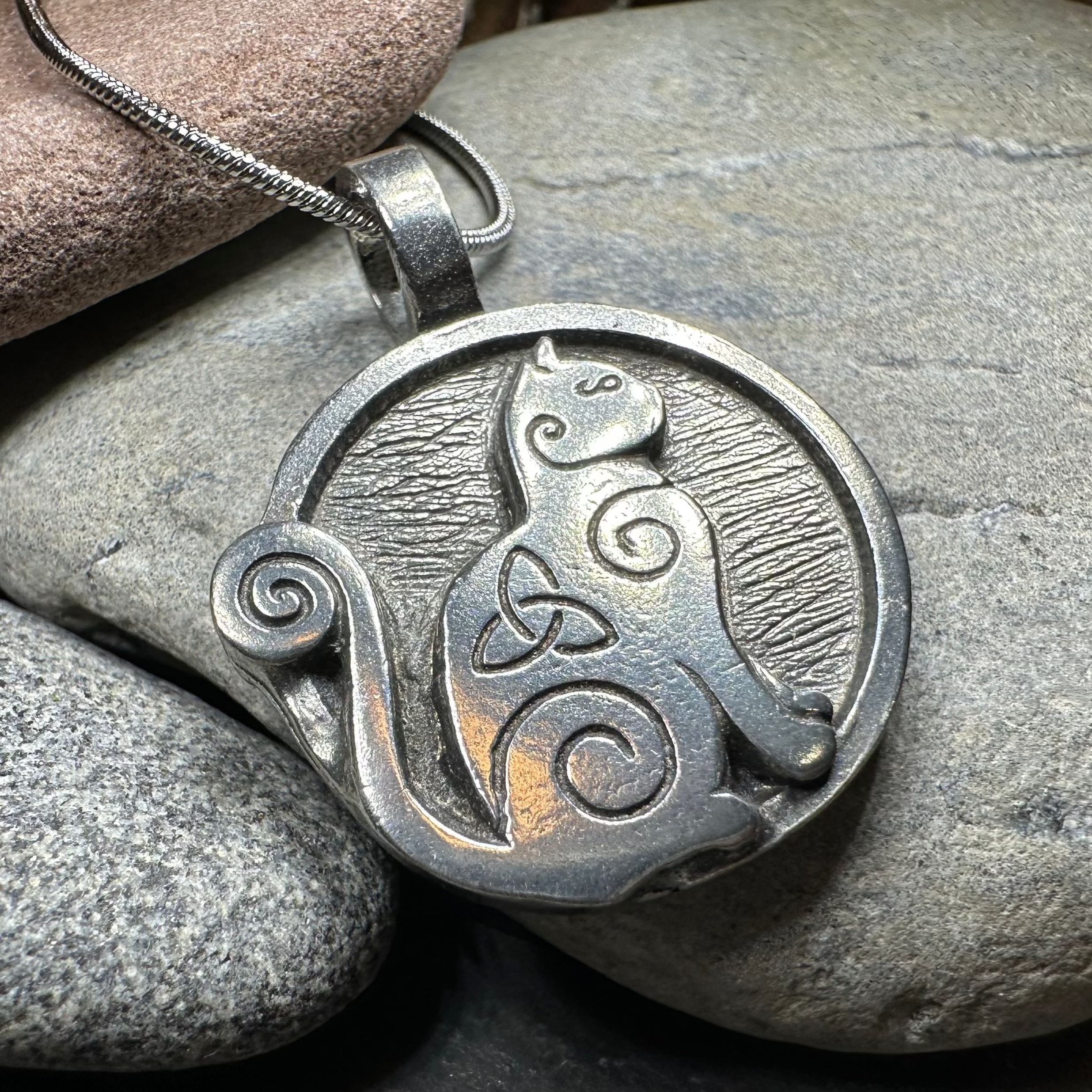 Celtic Spiral Cat Pewter Necklace