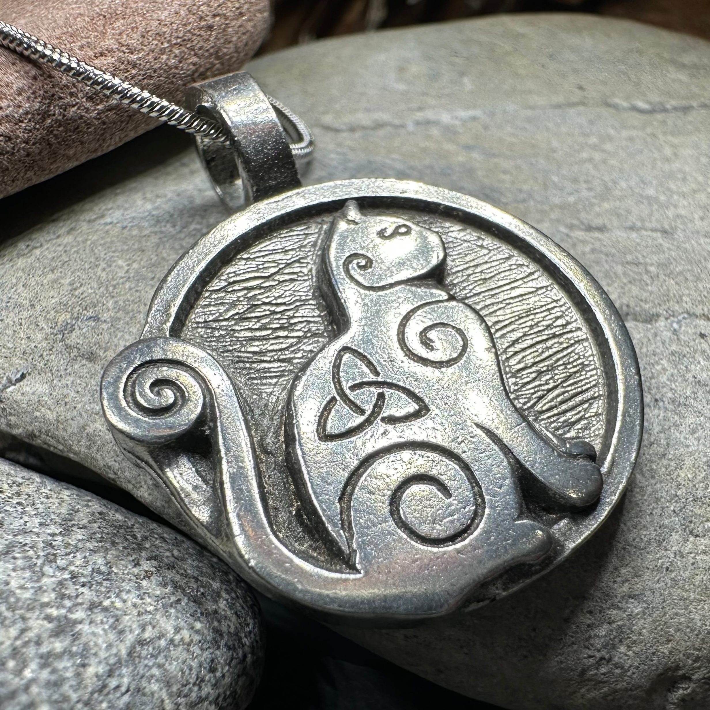 Celtic Spiral Cat Pewter Necklace