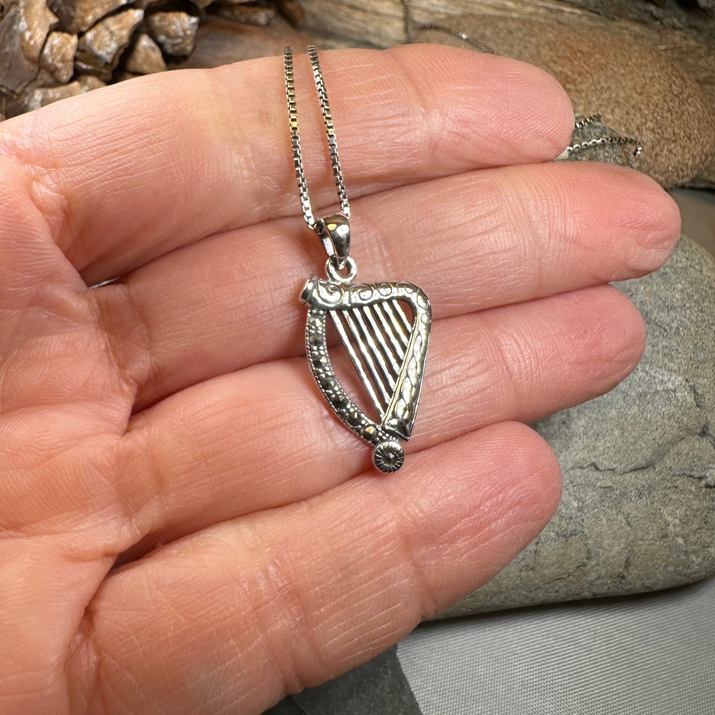 Cinnia Celtic Harp of Ireland Necklace in Sterling Silver