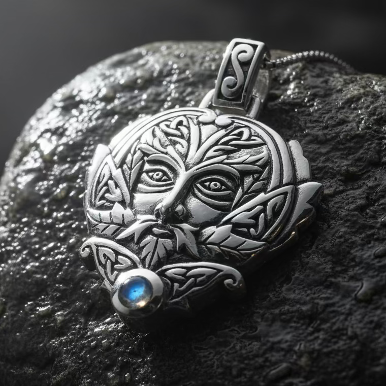 Celtic Oak Green Man Moonstone Necklace