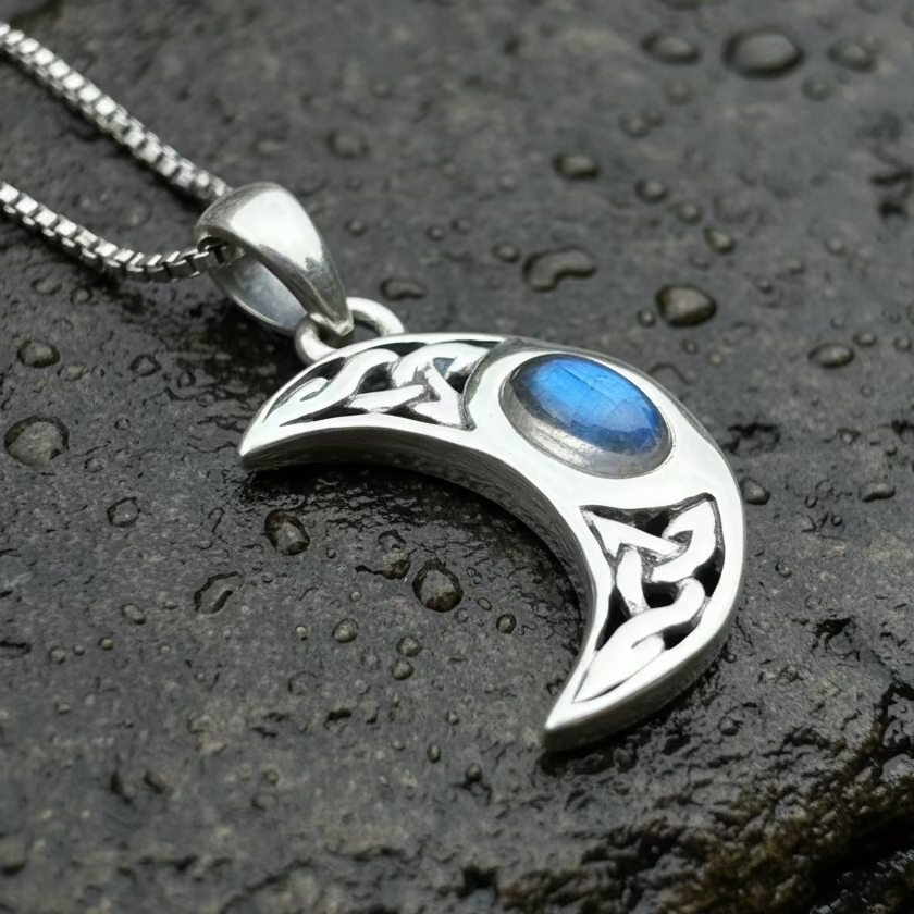 Celtic Crescent Moon Necklace in Sterling Silver