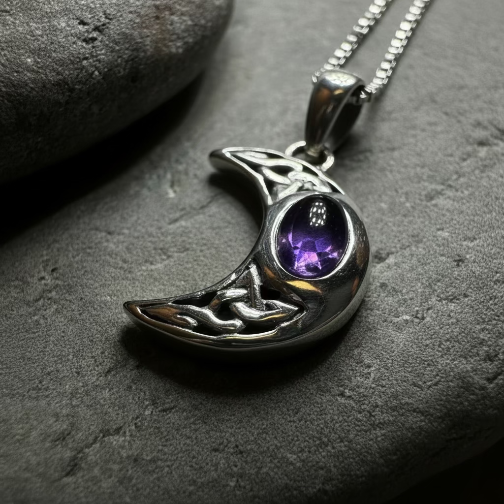Celtic Crescent Moon Necklace in Sterling Silver