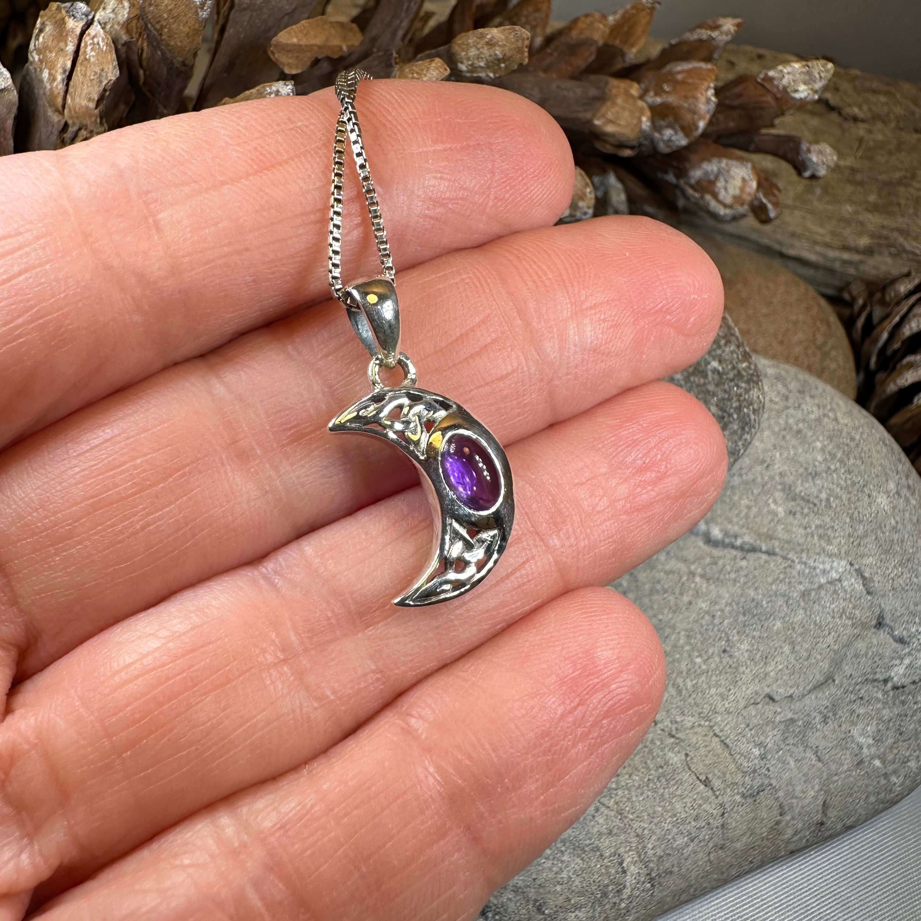 Celtic Crescent Moon Necklace in Sterling Silver