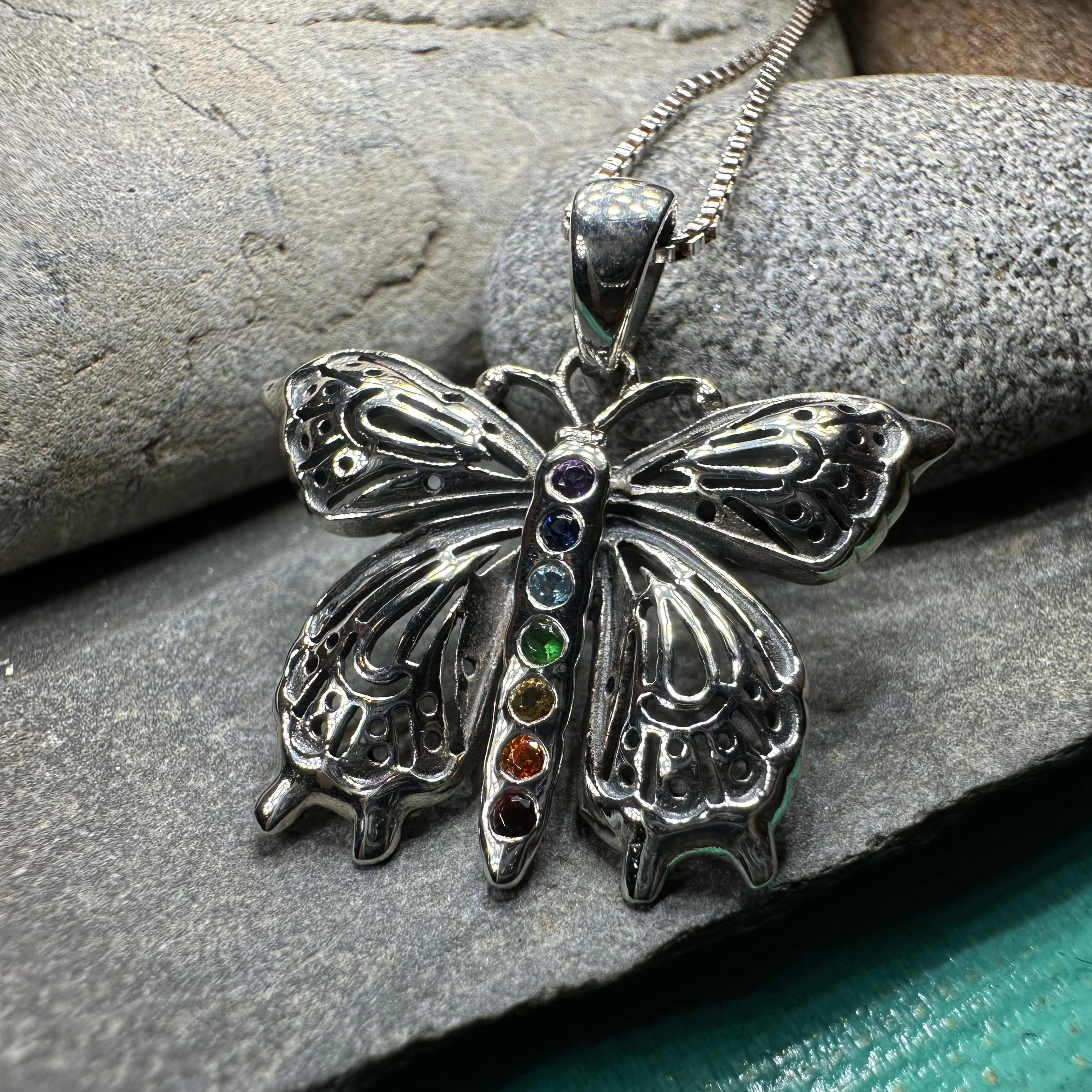 Rainbow Butterfly Necklace in Sterling Silver