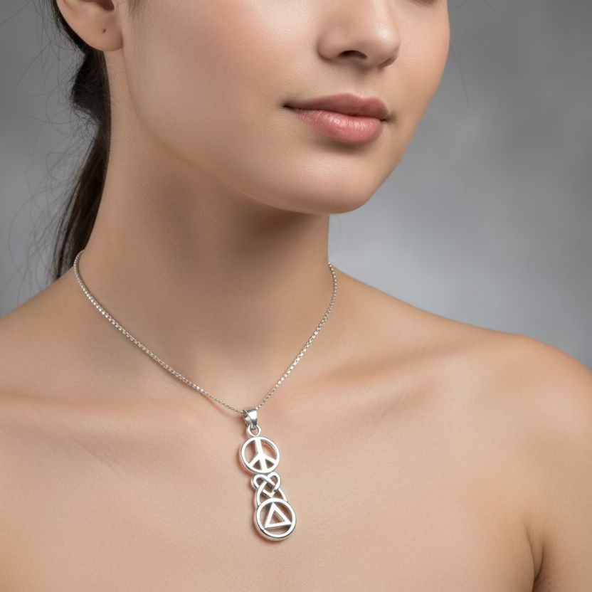 Peace, Love, & Sobriety Celtic AA Necklace in Sterling Silver