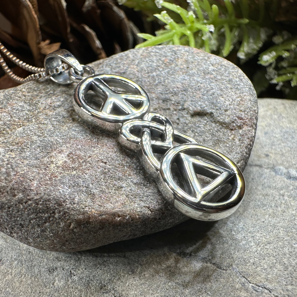 Peace, Love, & Sobriety Celtic AA Necklace in Sterling Silver