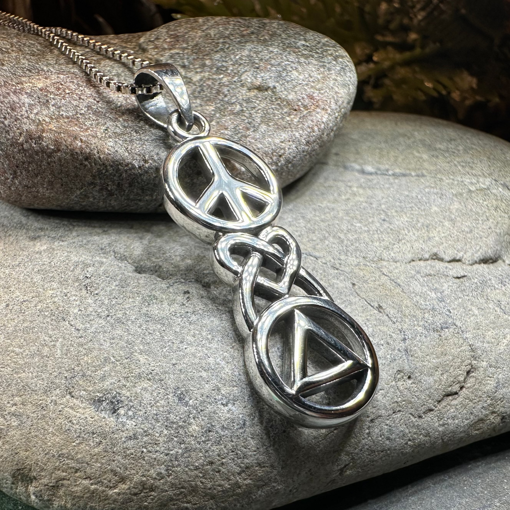 Peace, Love, & Sobriety Celtic AA Necklace in Sterling Silver