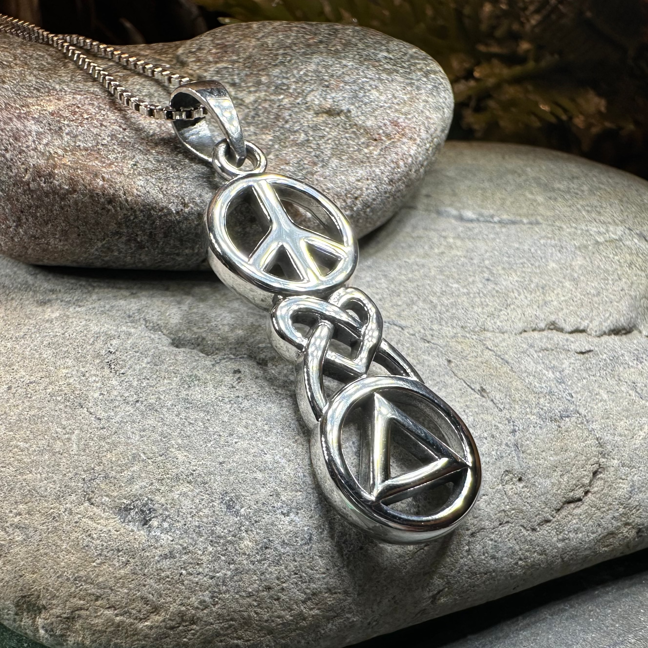 Peace, Love, & Sobriety Celtic AA Necklace in Sterling Silver