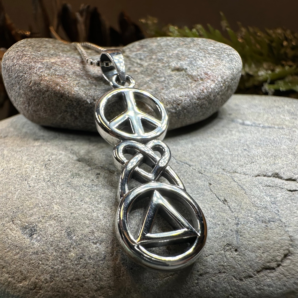 Peace, Love, & Sobriety Celtic AA Necklace in Sterling Silver