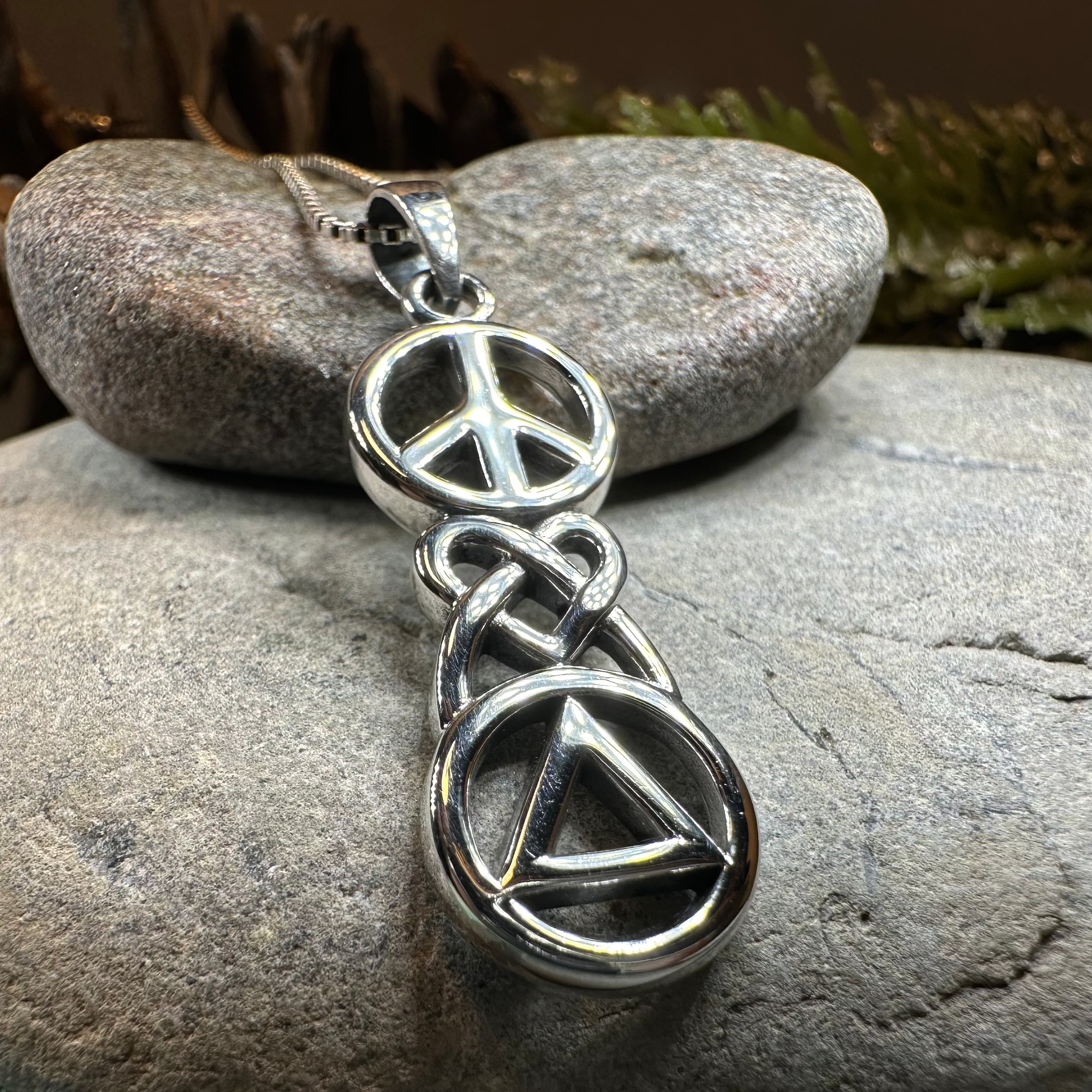Peace, Love, & Sobriety Celtic AA Necklace in Sterling Silver